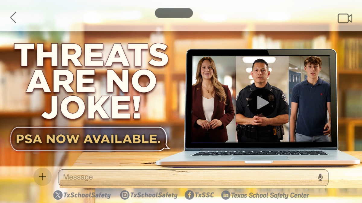 TxSchoolSafety's tweet photo. #ThreatsAreNoJoke is a public awareness campaign highlighting the serious consequences of making or sharing threats. Help share this message with students &amp; families: Don’t do it. Don’t share it. Report it! 
👉View the PSA and resources: https://t.co/qRJ7ZiaJIZ #SchoolSafety https://t.co/b9SLSDQ3uJ