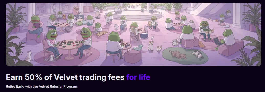 Earn fees daily &amp; Gems for monthly $VELVET rewards when referring friends to the Velvet App  

On each referral on EVM or SOL you'll automatically be earning 50% of the trading fees from referrals FOR LIFE on every swap they make through Velvet - all you have to do is generate