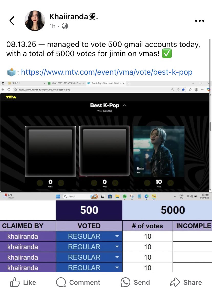 Facebook ARMY voting team handling more than 200-500 accounts EACH to vote for #JIMIN daily on #VMAs. With some even practicing with a timer to make sure to vote as many accounts as possible during power hour. 😁

A lot of voting members were still not included in these