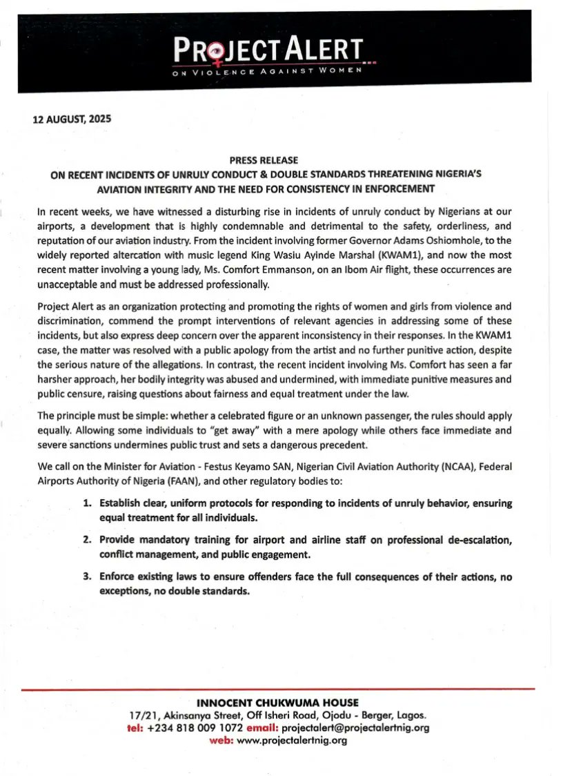 ProjectalertVaw's tweet photo. Project Alert call for equal treatment and protection for Miss Comfort who was unfairly treated and punished in a recent altercation at the airport. We must continue to uphold the right and dignity of all, especially women and children.
#projectalert #EndGBV https://t.co/7Ey5lnQyfp