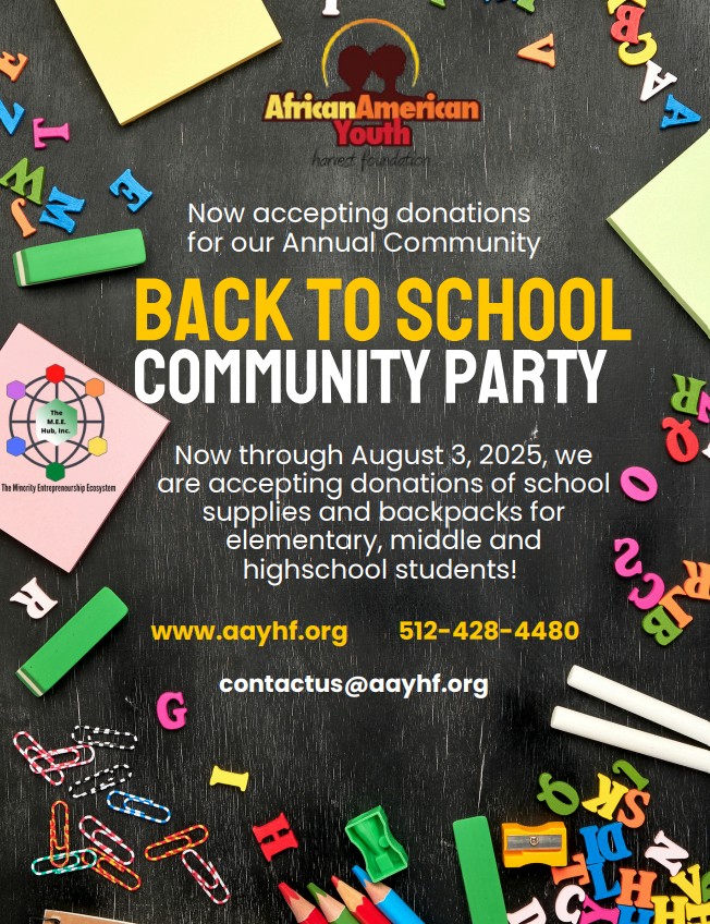 AAYHF will continue to accept donations in preparation for the Annual Back2School Community Party! Help AAYHF prepare students for the new year! We're gratefully accepting school supply donations and monetary donations, and your support makes all the difference. #aayhf #Community