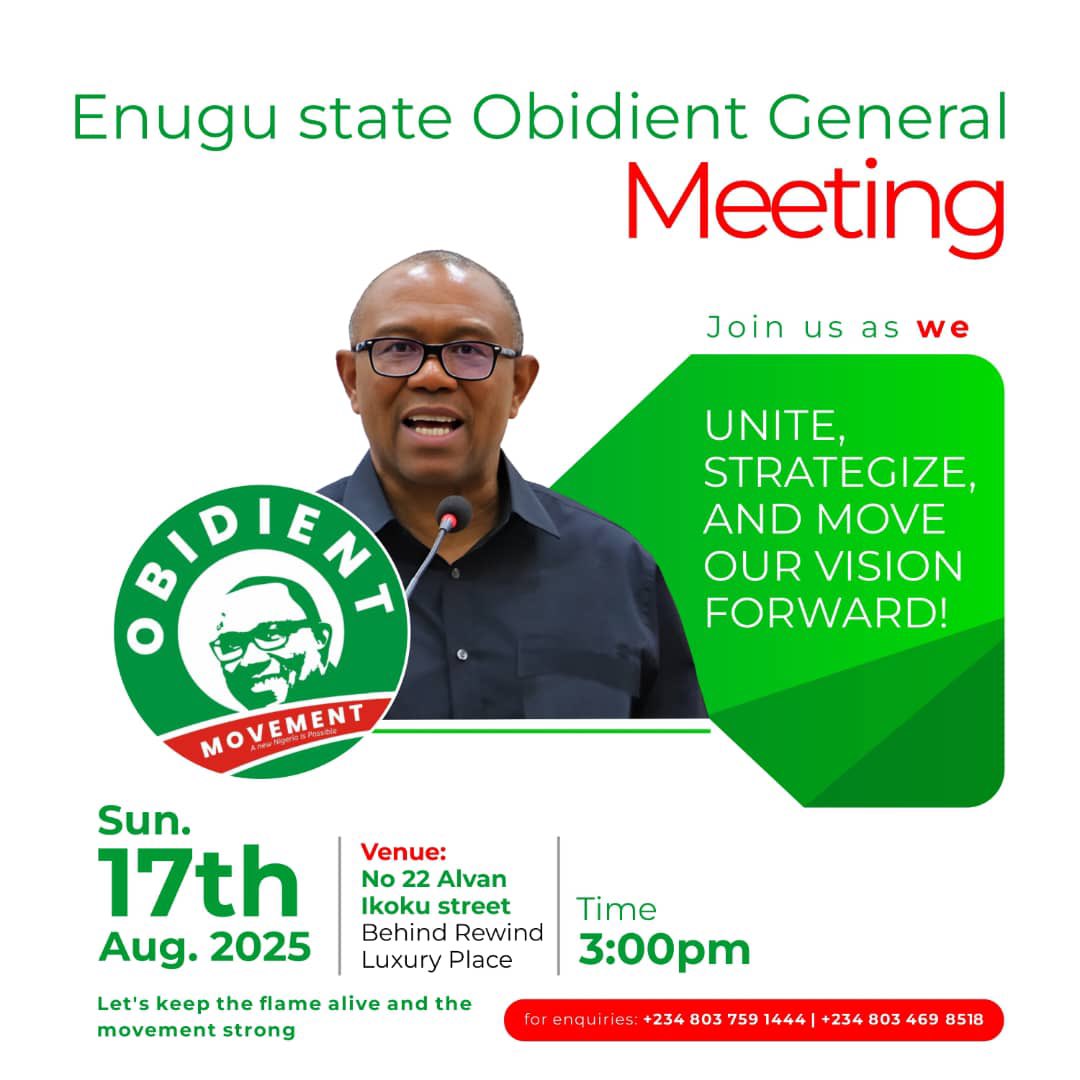 My Enugu people, do not miss this!
We are proud to be the first state with an Obidient secretariat. Come let’s know ourselves better and get to work!!!