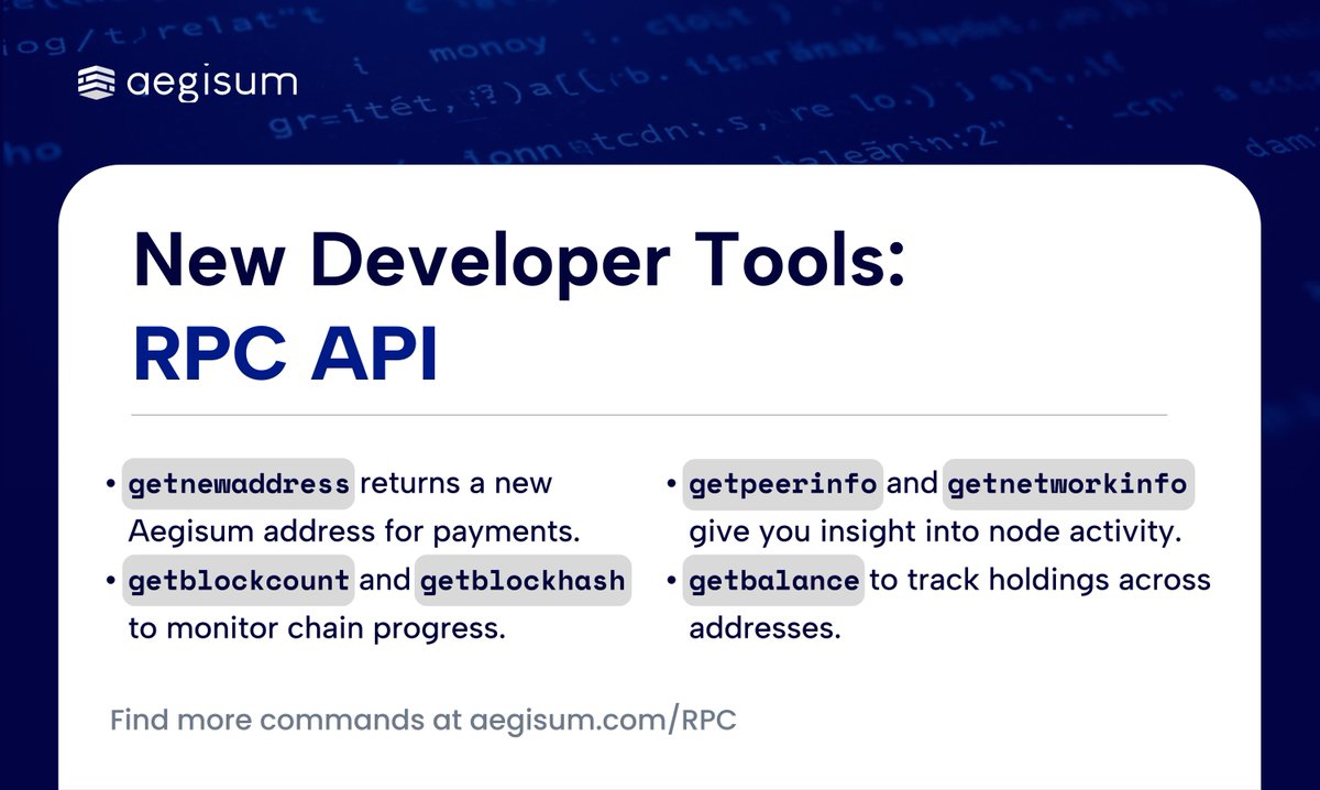 We’re pleased to announce the release of Aegisum’s updated RPC endpoints, structured to support efficient wallet synchronization, detailed block exploration, and scalable ecosystem tooling.

Key features:
- Modular architecture for customized integration workflows
- Publicly