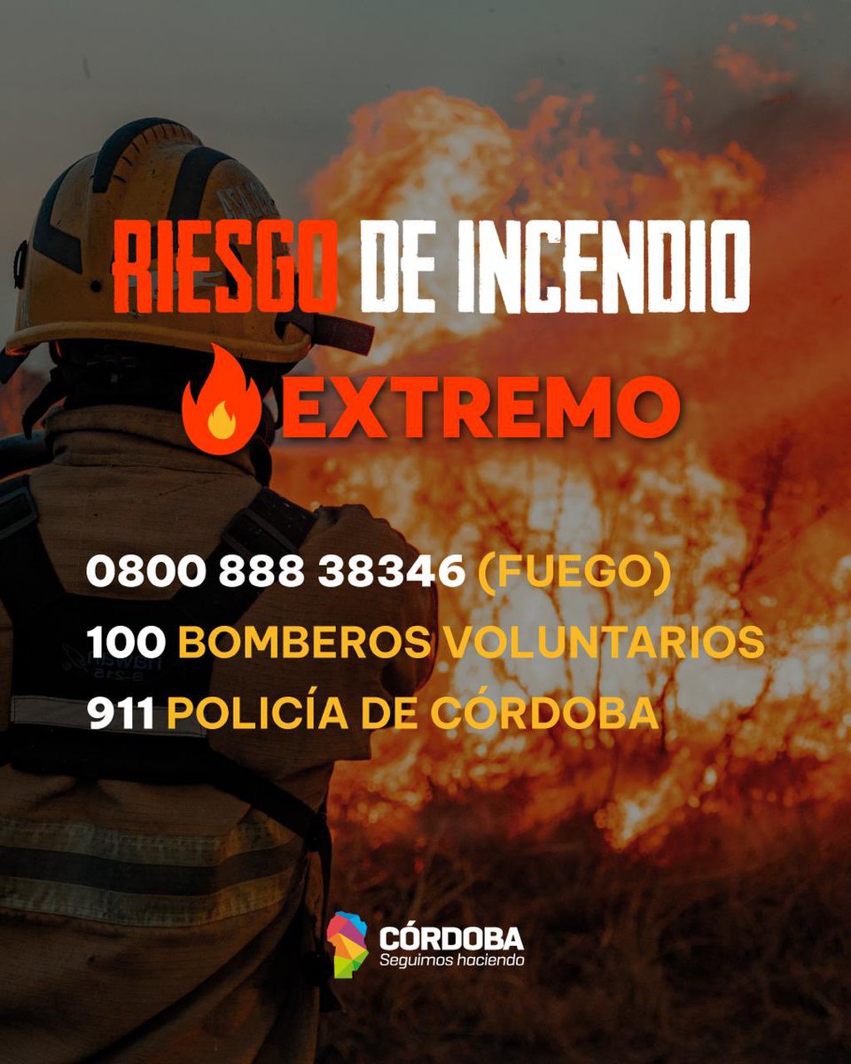 gobdecordoba's tweet photo. 🔥 El riesgo de incendios forestales en la provincia es EXTREMO.

⚠️ Las condiciones meteorológicas elevan al máximo nivel la amenaza de inicio de focos de incendios y su rápida propagación. 

💨 Además, no se descartan vientos de diversa intensidad en zonas serranas.

🔴 Ante esta situación, pedimos a la población extremar las precauciones y a intensificar las medidas de prevención.

📞 Si ves humo o #fuego:
✅ 0 800 – 888 – 38346 (FUEGO).
✅ 100 – Bomberos Voluntarios.
✅ 911 – Policía de Córdoba.

#SeguimosHaciendo #Prevención
