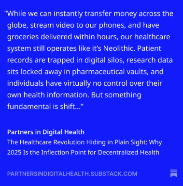 Blockchain HC Today (@bhtyjournal) on Twitter photo The Healthcare Revolution Hiding in Plain Sight: Why 2025 Is the Inflection Point for #DecentralizedHealth
open.substack.com/pub/partnersin…
<a href="/HarvardHealth/">Harvard Health</a> <a href="/MIT_CSAIL/">MIT CSAIL</a> <a href="/MIT/">Massachusetts Institute of Technology (MIT)</a> <a href="/Harvard/">Harvard University</a>
<a href="/TuftsUniversity/">Tufts University</a> @NEHEN @MassDigitalHealth
<a href="/healthtechhub/">@w-design</a> <a href="/BioMedCentral/">BMC</a> <a href="/HealthITNews/">Healthcare IT News</a>
<a href="/MITREcorp/">MITRE</a> The Healthcare Revolution Hiding in Plain Sight: Why 2025 Is the Inflection Point for #DecentralizedHealth
open.substack.com/pub/partnersin…
<a href="/HarvardHealth/">Harvard Health</a> <a href="/MIT_CSAIL/">MIT CSAIL</a> <a href="/MIT/">Massachusetts Institute of Technology (MIT)</a> <a href="/Harvard/">Harvard University</a>
<a href="/TuftsUniversity/">Tufts University</a> @NEHEN @MassDigitalHealth
<a href="/healthtechhub/">@w-design</a> <a href="/BioMedCentral/">BMC</a> <a href="/HealthITNews/">Healthcare IT News</a>
<a href="/MITREcorp/">MITRE</a>