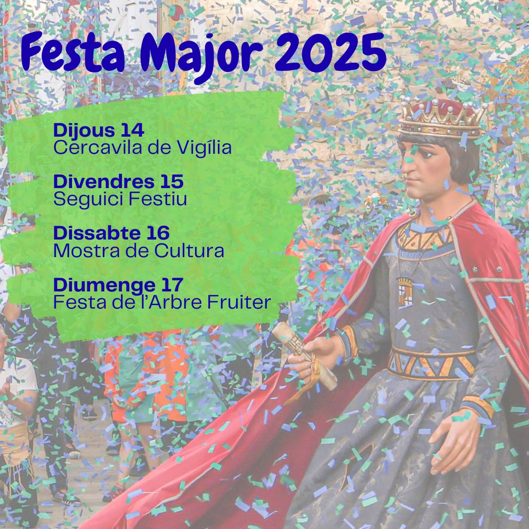 𝗙𝗲𝘀𝘁𝗮 𝗠𝗮𝗷𝗼𝗿 𝟮𝟬𝟮𝟱 

Tot i que ja portem uns dies plens d'activitats, els Gegants també s'estan preparant per sortir al carrer en aquests dies plens d'alegria i festa. 

👉🏻 Consulteu a la imatge els dies que sortim