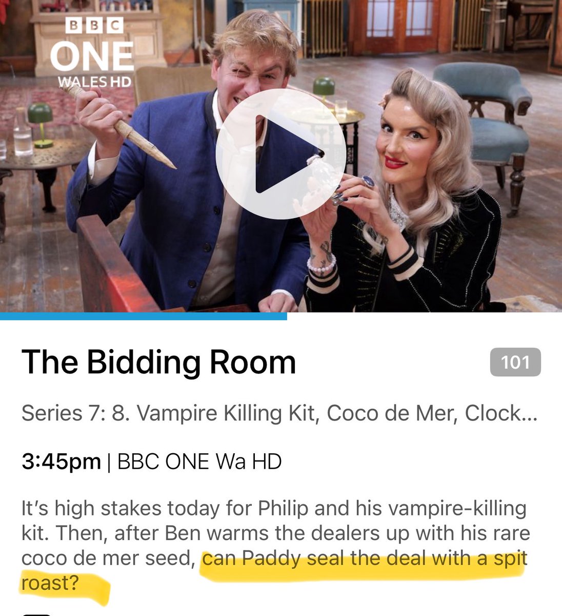 wills_bear's tweet photo. I thought spit roasts were banned at the BBC! Oh Matron! 
#bbc #TheBiddingRoom https://t.co/zMVE5ooDon