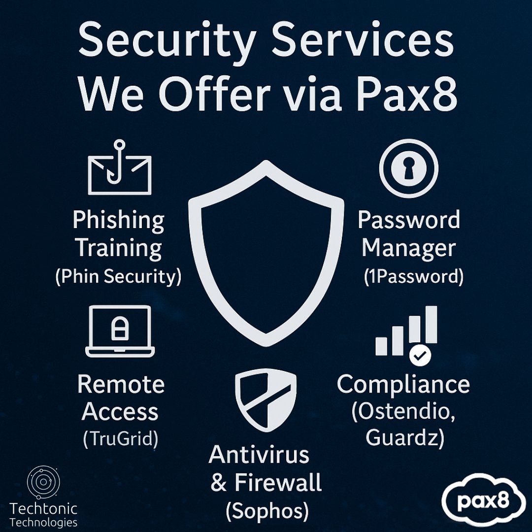 techtonictechno's tweet image. Your business deserves great security, without complexity. We offer tools like:

- Email security &amp;amp; phishing training
- Password management
- Remote access with extra protection
- Advanced antivirus &amp;amp; firewall
- Cybersecurity training &amp;amp; compliance

Need IT help? Let’s talk.