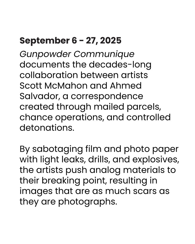 ChimaeraGallery's tweet photo. Coming soon!  "Gunpowder Communique", an exhibition by Scott McMahon and Ahmed Salvador.  

Join us for the opening reception on September 6th!

#ExperimentalPhotography
#AnalogPhotography
#FilmPhotography
#MailArt
#PhotoArt
#ArtCollaboration
#ContemporaryPhotography https://t.co/0k0DYFi7WL
