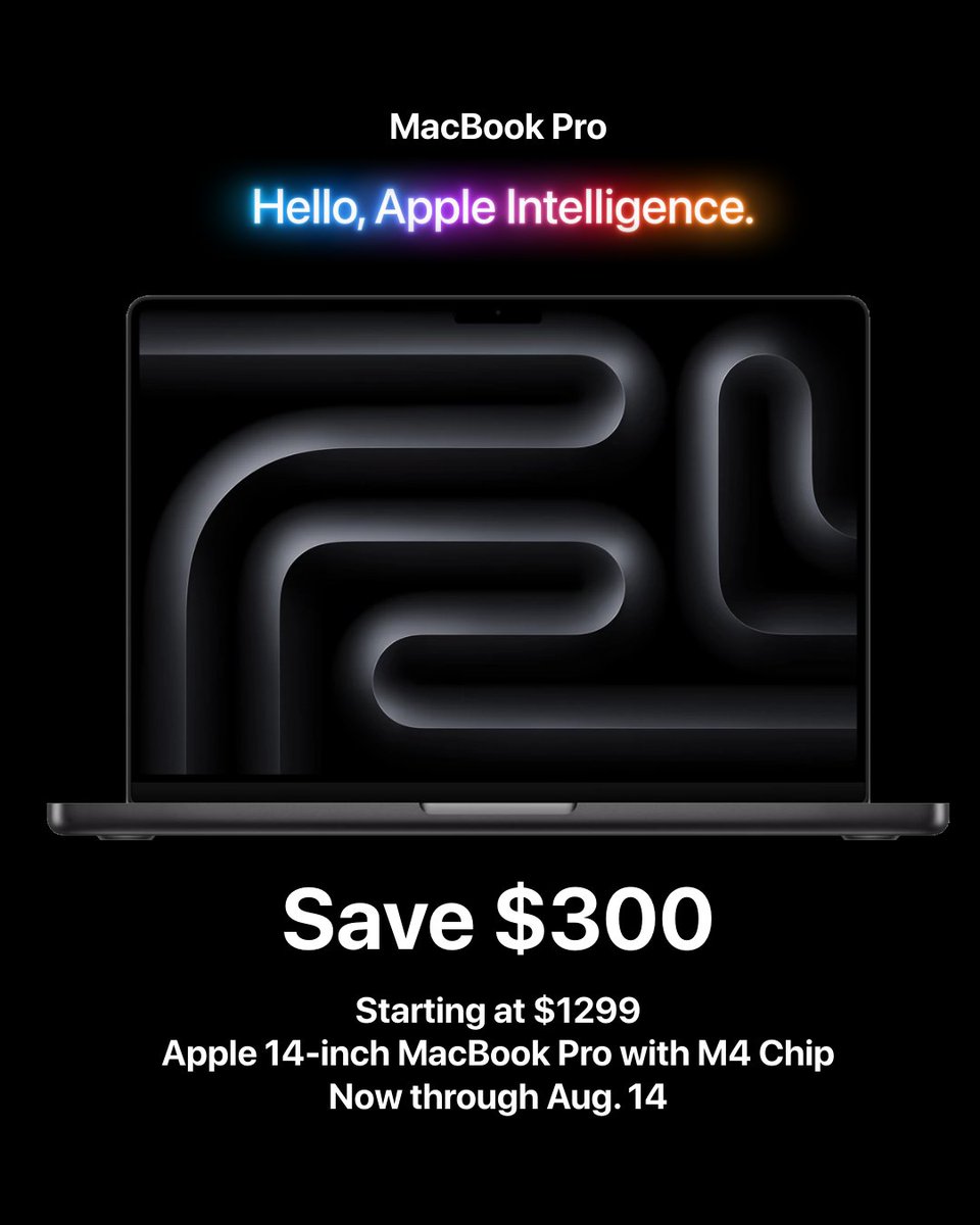 Now through Aug. 14, save $300 on Apple 14-inch MacBook Pro with M4 chip, in-store and online at aafes.media/4nCOiuq 💻

Plus, enjoy 0% interest + no payments for 6 months on all computer or laptop purchases of $499 or more with MILITARY STAR! aafes.media/4exPuuA 💳