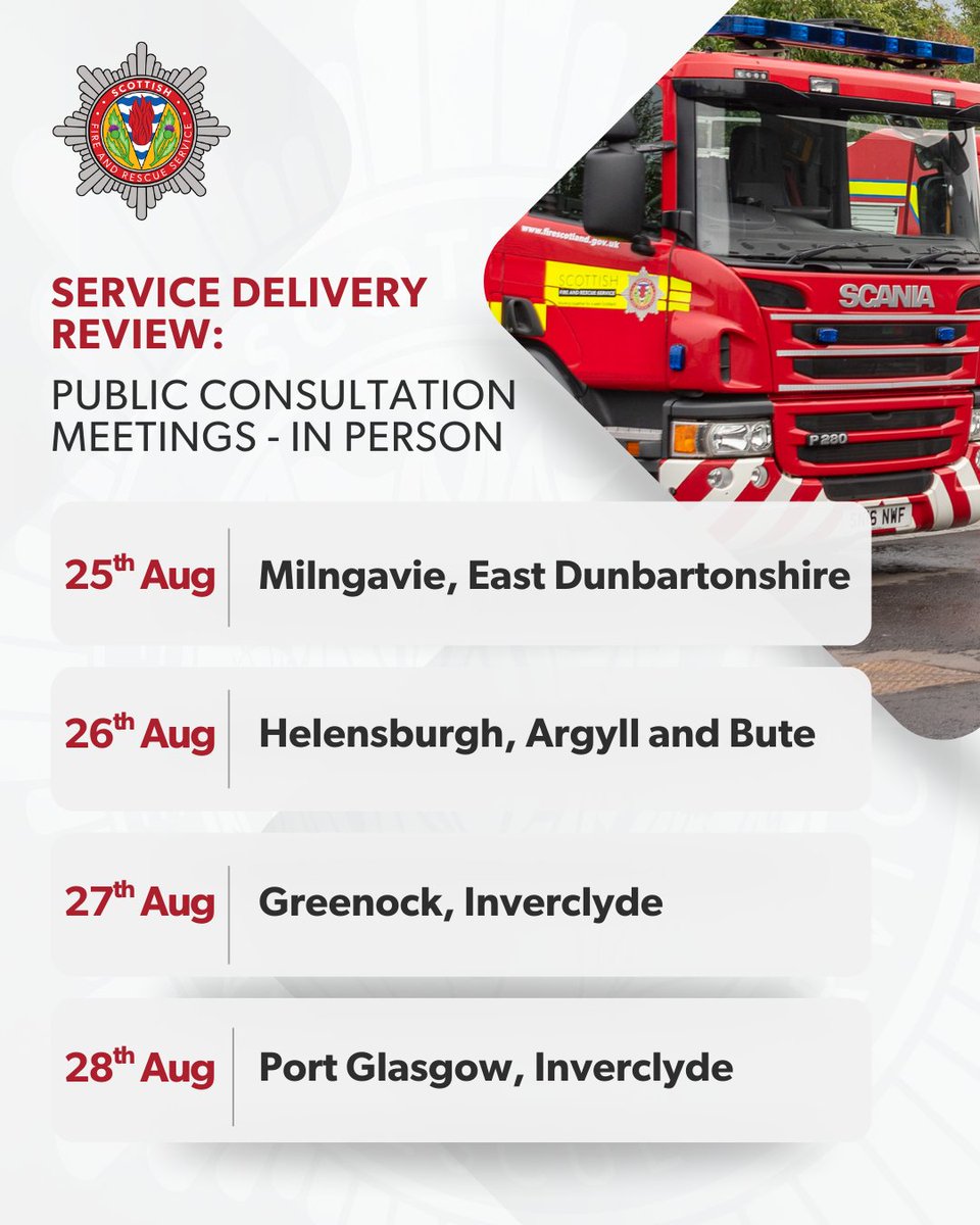 🚨 We're holding public consultation meetings across Scotland as part of our Service Delivery Review.

This includes meetings in:

📍 Milngavie 
📍 Helensburgh
📍 Greenock
📍 Port Glasgow

👉 Details and confirm attendance: firescotland.gov.uk/service-delive…