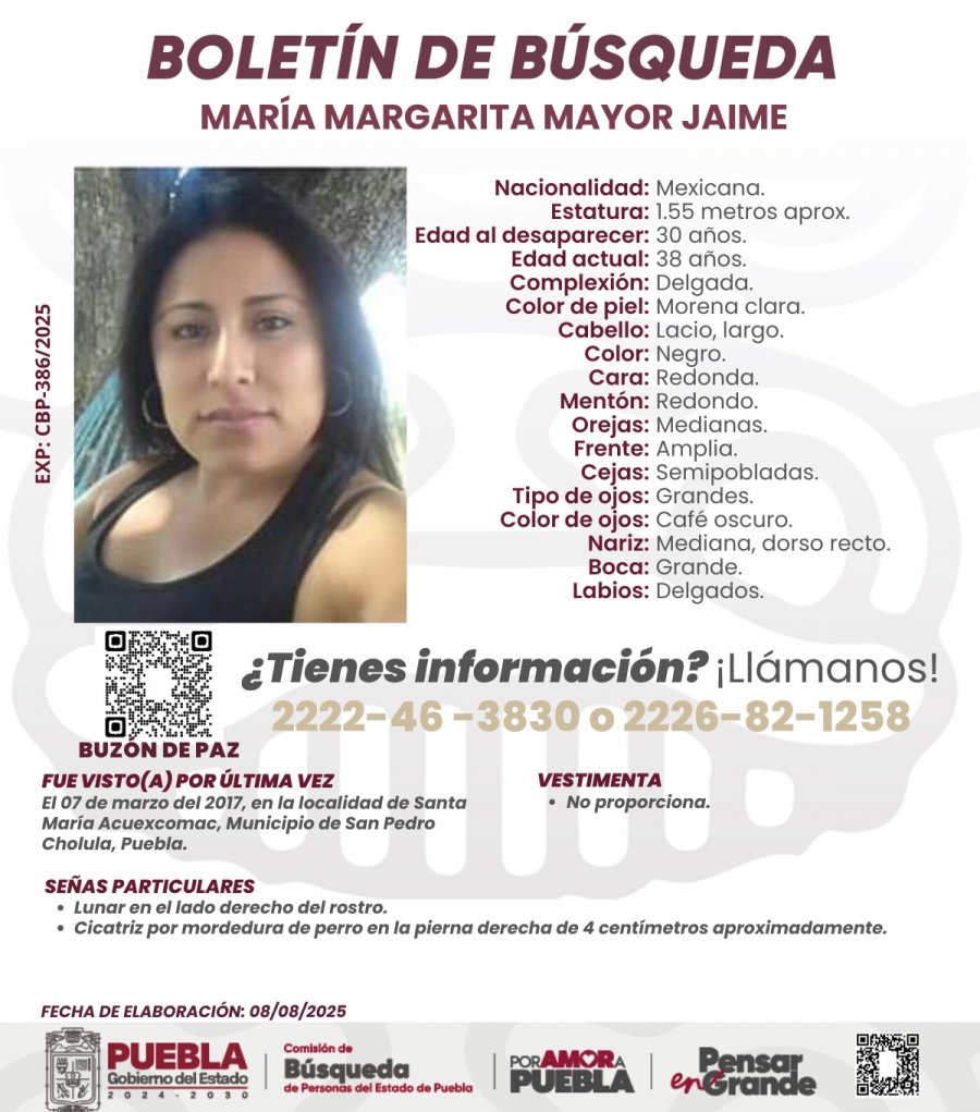 #ServicioSocial | 🔍 Ayúdanos a localizar a María Margarita Mayor Jaime de 38 años de edad, fue vista por última vez el 07 de marzo de 2017, en Santa María Acuexcomac, municipio de San Pedro Cholula.

✅Cualquier información, comunícate al:
☎️ 2222 46 38 30
☎️ 2226 82 12 58