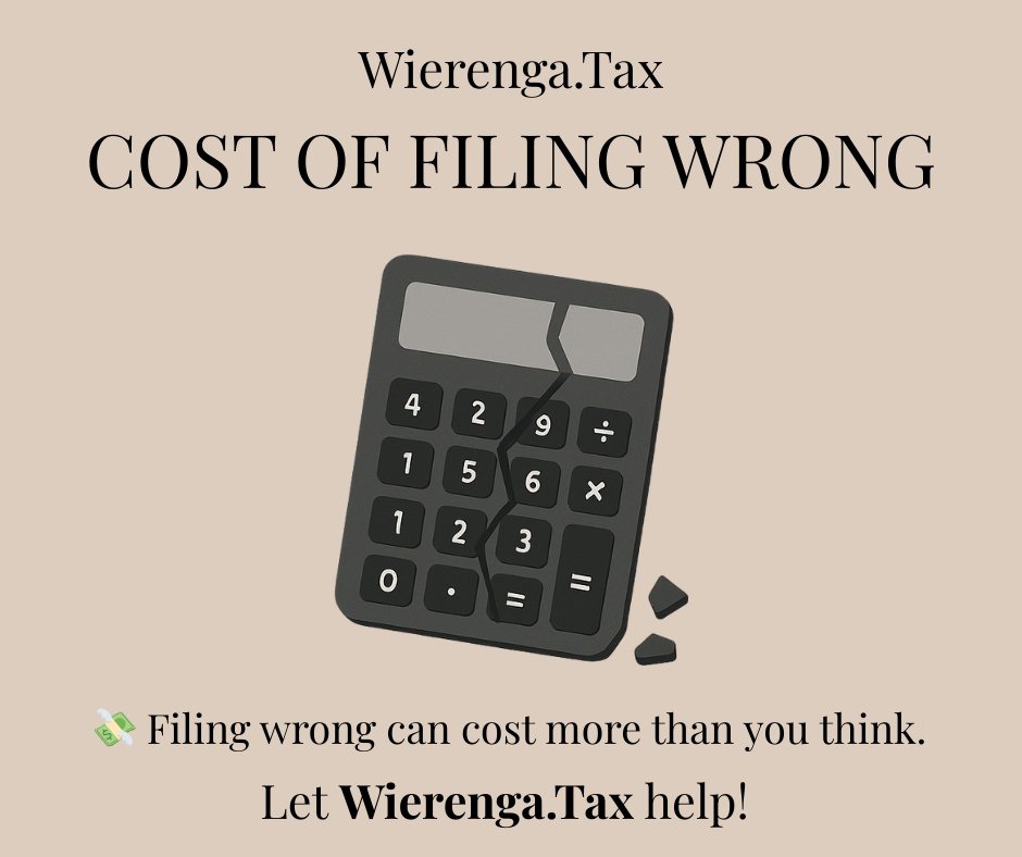 WierengaTax's tweet image. 💸 Filing wrong can cost more than you think.
 From IRS penalties to lost deductions, mistakes add up fast.

Let Wierenga.Tax make sure you file right the first time—saving you money, time, and stress.

#TaxTips #TaxMistakes #FileRight #TaxSeason #WierengaTax #TaxHelp…