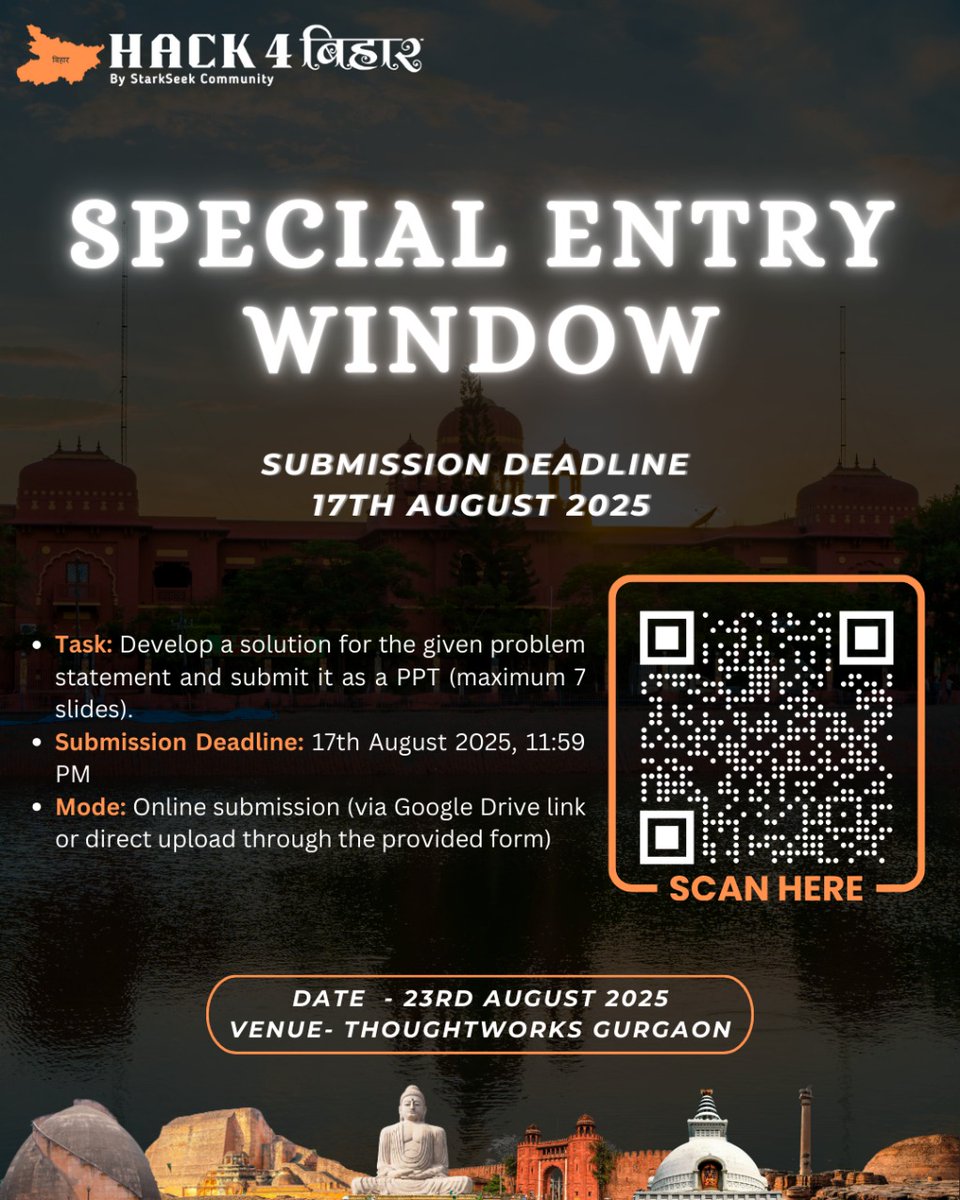 Special Entry Window for Hack4Bihar is NOW OPEN!
Submission Deadline: 17th August 2025, 11:59 PM.
Submission Form: forms.gle/FABTY3axda1p2a…
The final event will be held at 
Thoughtworks, Gurgaon on 23rd August 2025.
#Hack4Bihar