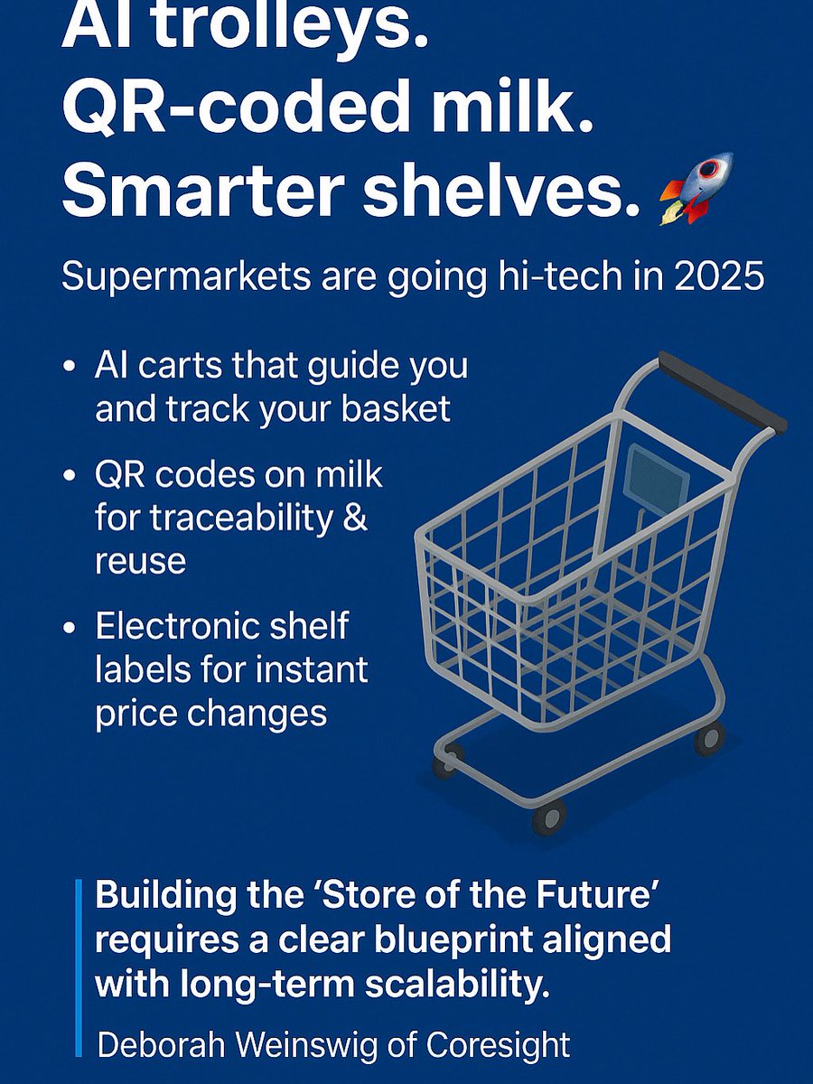GLOBALSNNEWS's tweet photo. AI trolleys. QR-coded milk. Smarter shelves. 🚀
Supermarkets are going hi-tech in 2025—from basket-tracking carts to milk traceability and dynamic pricing. What innovation have you spotted in your local store? 👀  
#RetailTech #SmartRetail #AI https://t.co/X2MKpeKp2g