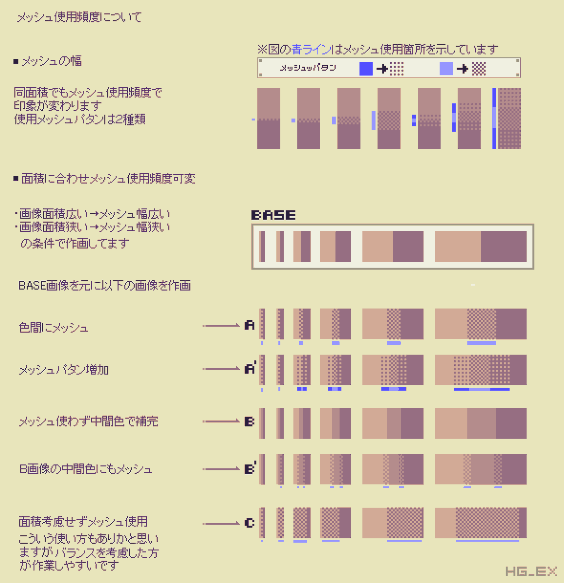 HG_EX's tweet photo. ドット絵の技法メッシュ（タイリング）を使った場合、使用面積によって見え方が違うという話です。
メッシュを用いる面積は抑え気味の方が良い気がします。
メッシュをグラデではなく柄的な表現に使う場合はこれとは違う解説になります。
#ドット絵 #pixelart #ピクセルアート https://t.co/psdldIbMhW
