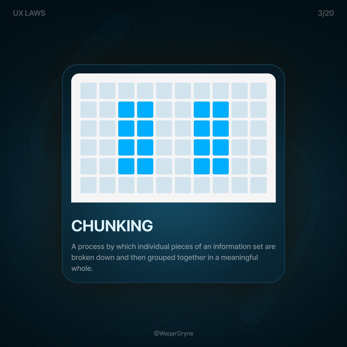 WaqarOryne's tweet image. Chunking:
A process by which individual pieces of an information set are broken down and then grouped together in a meaningful whole.
#UXDesign  #UIDesign #DesignPrinciples