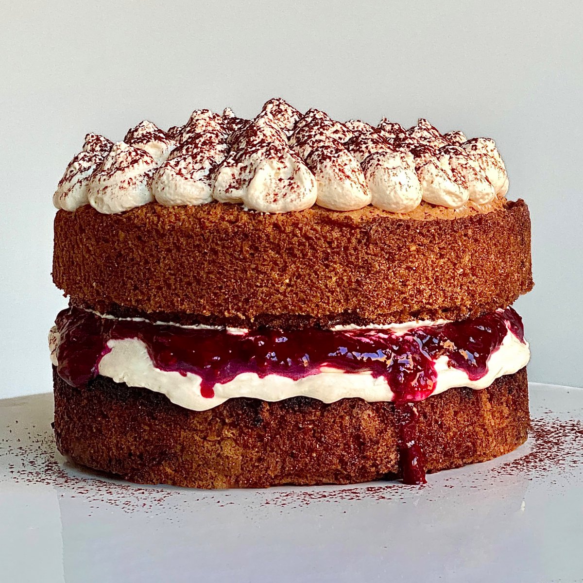 coconut cherry cake, vanilla whipped cream 🥥🍒