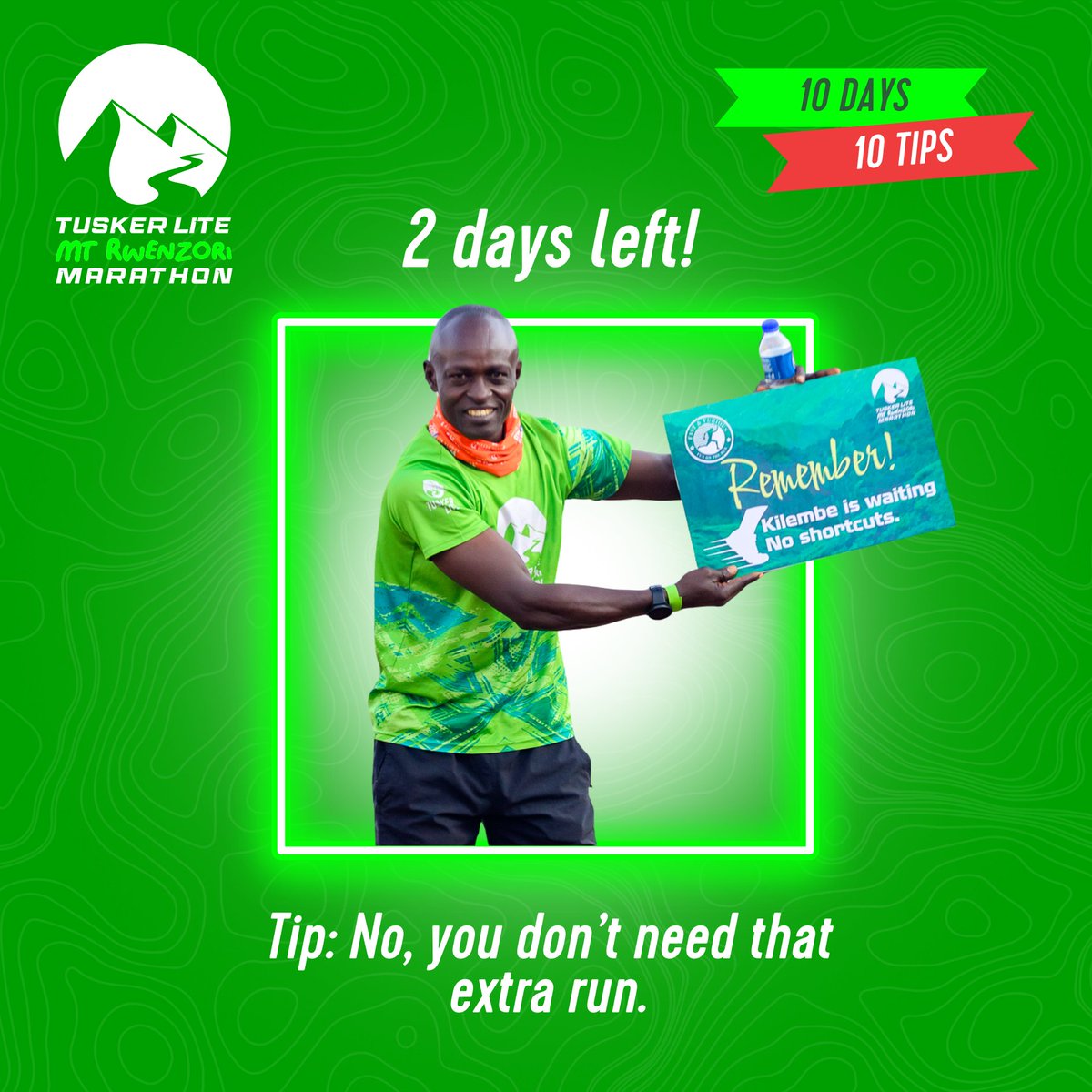 RwenzoriMarathn's tweet photo. You’re tempted to go for a little interval training… Don’t.

Your legs are ready.
Your race kit is ready.
Just carb up, hydrate, and vibe.

Kilembe is waiting!

#TuskerLiteRwenzoriMarathon https://t.co/SlHgOWMJOJ