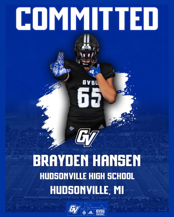 Brady (@brady_hansen18) on Twitter photo After a lot of consideration, I'm excited to announce my commitment to play at football at GVSU <a href="/gvsufootball/">GVSU Football</a> . Thank you to my family, my friends, and coaches and everyone who has supported me along the way. Anchor up. <a href="/bradbezGVSU/">Brad Bez</a> <a href="/CoachWooster/">Scott Wooster</a> <a href="/brent_sandee/">Brent Sandee</a> <a href="/Hudsyfootball/">Hudsonville Football</a> After a lot of consideration, I'm excited to announce my commitment to play at football at GVSU <a href="/gvsufootball/">GVSU Football</a> . Thank you to my family, my friends, and coaches and everyone who has supported me along the way. Anchor up. <a href="/bradbezGVSU/">Brad Bez</a> <a href="/CoachWooster/">Scott Wooster</a> <a href="/brent_sandee/">Brent Sandee</a> <a href="/Hudsyfootball/">Hudsonville Football</a>