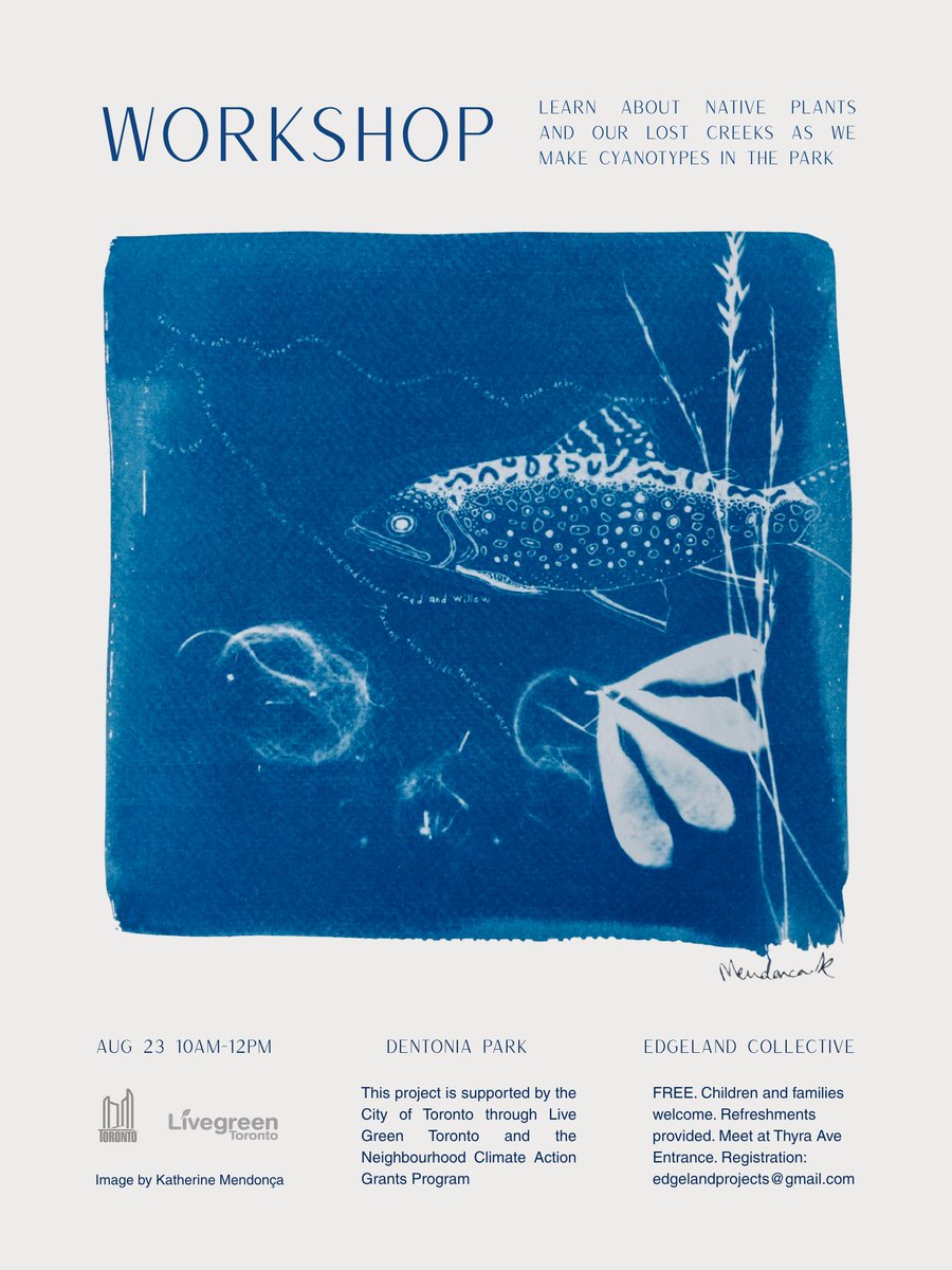 Free Cyanotype Workshop at the Park is BACK! 🌿

🗓️ Saturday August 23rd | 📍Dentonia Park.
RSVP now at edgelandprojects@gmail.com

#artsTO #EastEndLove #EastEndArts #TorontoArts