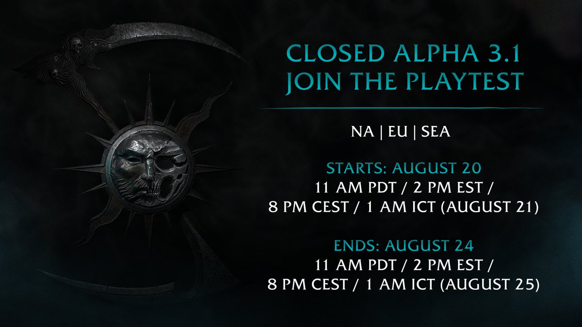 Closed Alpha 3.1 awaits and this time with a major reveal! 
 
Our next #playtest kicks off next week during <a href="/gamescom/">gamescom</a> and we’re bringing you some big surprises! 
 
If you’re in the EU, NA, or SEA, sign up for the playtest and join the Reapers in the afterlife!  

#gamedev #gaming