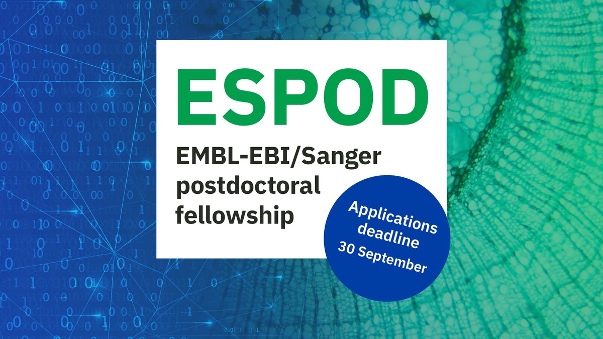 EMBL-EBI (@emblebi) on Twitter photo Recruitment is now open for the EMBL-EBI–Sanger Postdoctoral (ESPOD) Programme.
ESPOD builds on the collaborative relationship between EMBL-EBI and <a href="/sangerinstitute/">Wellcome Sanger Institute</a>, offering projects that combine experimental and computational approaches.
ebi.ac.uk/research/postd…
#postdocjob Recruitment is now open for the EMBL-EBI–Sanger Postdoctoral (ESPOD) Programme.
ESPOD builds on the collaborative relationship between EMBL-EBI and <a href="/sangerinstitute/">Wellcome Sanger Institute</a>, offering projects that combine experimental and computational approaches.
ebi.ac.uk/research/postd…
#postdocjob