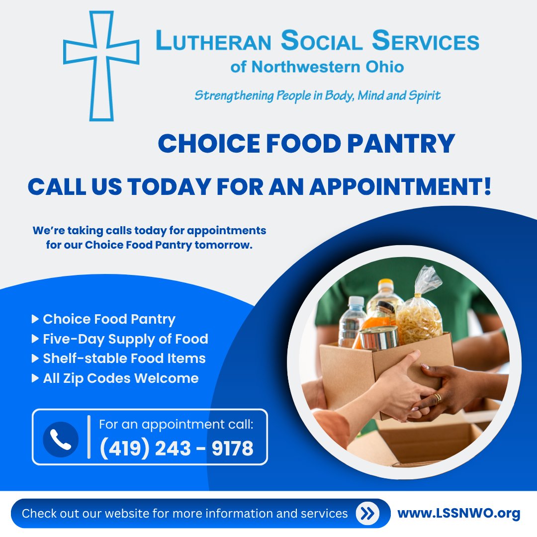 ATTENTION: Our Choice Food Pantry appointments are available for Thursday! Call 419.243.9178 today (Wednesday) from 9:15 AM to 12:15 PM or 1:15 PM to 4:30 PM for an appointment 😊 #Share #Community #FoodPantry #Service #SocialServices #Highlight #ContactUs #Everyone #LSSNWO #LSS