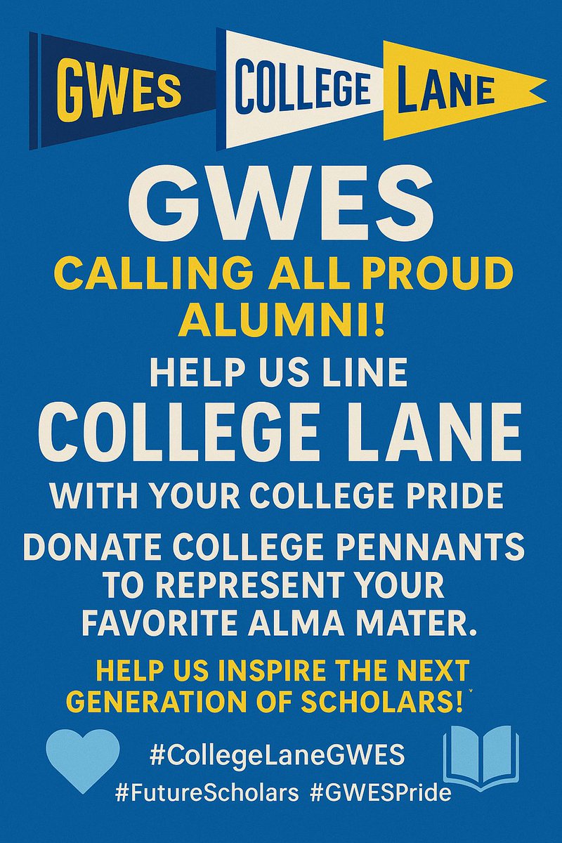 Glenarden Woods ES (@gwes_pgcps) on Twitter photo 🎓 Help Build GWES College Lane! 🎓
Bring a college pennant to inspire our Tigers’ future dreams! 🌟
📍 Drop off: Main Office (Ms. Cook)
📅 By Sept 12
Let’s fill our halls with college pride! 💙💛 <a href="/PGCPSTAG/">PGCPS TAG OFFICE</a> <a href="/gwes_pta/">Glenarden Woods Elementary School PTA</a>
#CollegeLaneGWES #GWESPride 🎓 Help Build GWES College Lane! 🎓
Bring a college pennant to inspire our Tigers’ future dreams! 🌟
📍 Drop off: Main Office (Ms. Cook)
📅 By Sept 12
Let’s fill our halls with college pride! 💙💛 <a href="/PGCPSTAG/">PGCPS TAG OFFICE</a> <a href="/gwes_pta/">Glenarden Woods Elementary School PTA</a>
#CollegeLaneGWES #GWESPride