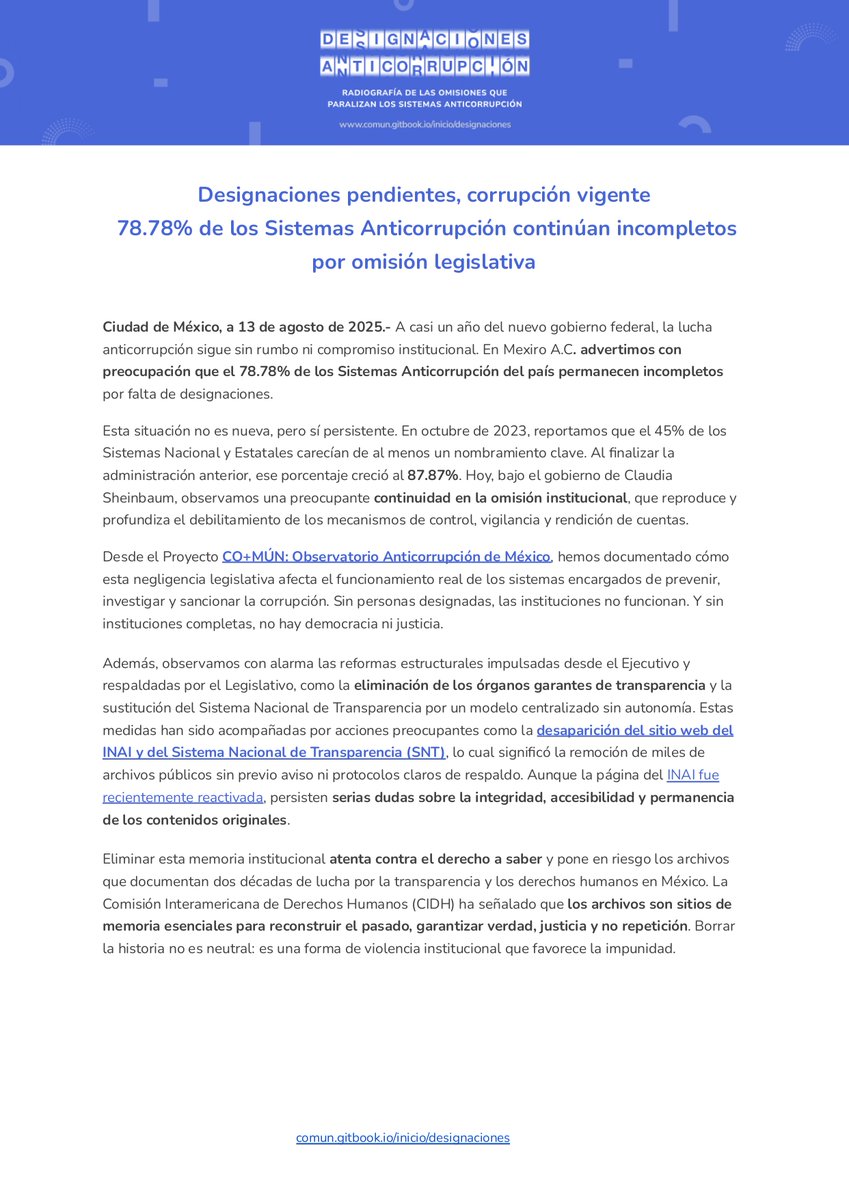yoMexiro's tweet image. 🚨 Nuevo pronunciamiento colectivo
📊 78.78% de las designaciones en los Sistemas Anticorrupción están incompletas.
75 OSC, CPC y activistas exigimos que el @senadomexicano y los Congresos locales dejen de bloquearlas.
#DesignacionesAnticorrupción #DesignenYA