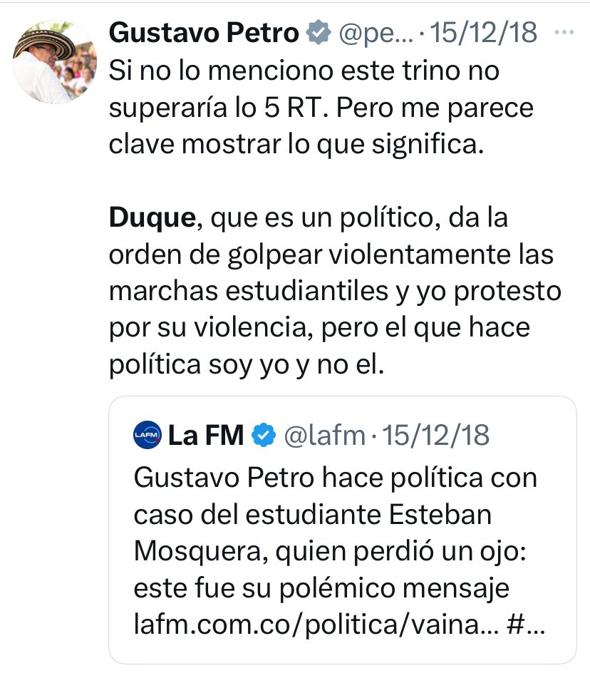 El 15 de diciembre de 2018, por el simple hecho de que Duque era el presidente, <a href="/petrogustavo/">Gustavo Petro</a> lo acusó de dar la orden de golpear violentamente las marchas estudiantiles.👇🏼