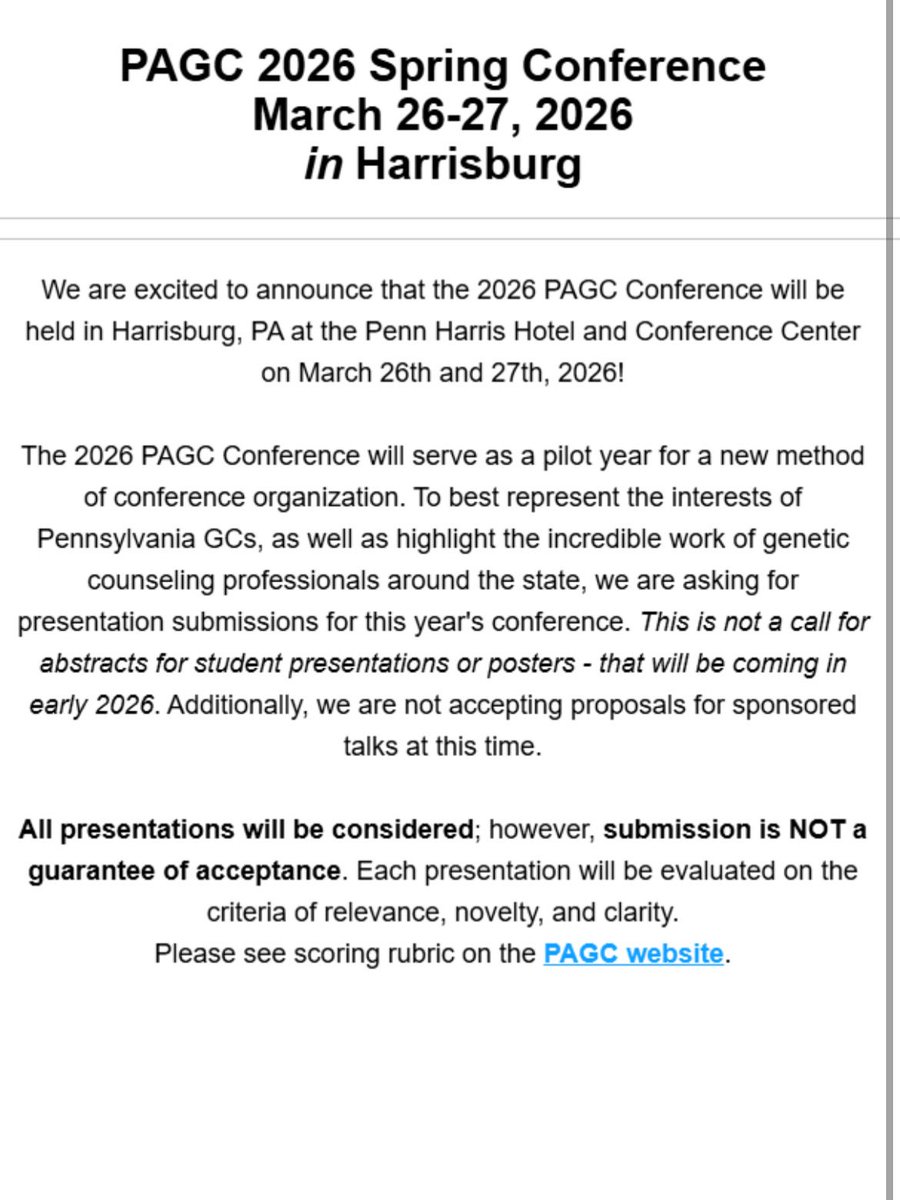 PennsylvaniaGC's tweet photo. BIG ANNOUNCEMENT: PAGC 2026 will be in Harrisburg from March 26th-27th!! 🧬 #PAGC 

If you are interested in being considered for a presentation (either as a presenter or moderator) at this year’s PAGC conference, please fill out the Google Form located in an email sent on 8/11! https://t.co/QiAgn7nKT2