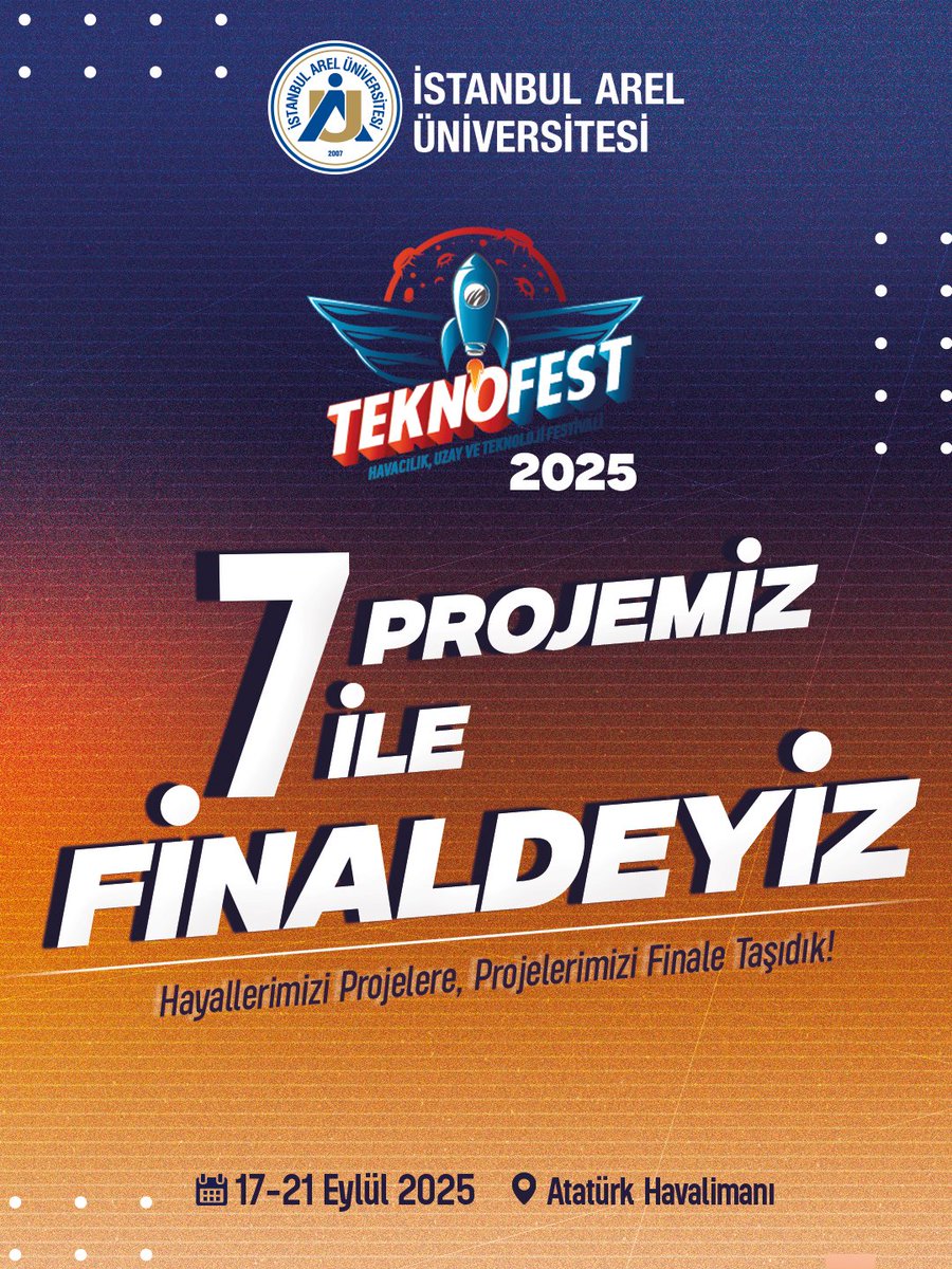 Hayallerimizi projelere, projelerimizi finale taşıdık! 🚀
7 proje ile TEKNOFEST 2025'teyiz! ✨

📅 17-21 Eylül 2025
📍Atatürk Havalimanı

<a href="/teknofest/">TEKNOFEST</a>

#TEKNOFEST2025 #ArelÜniversitesi