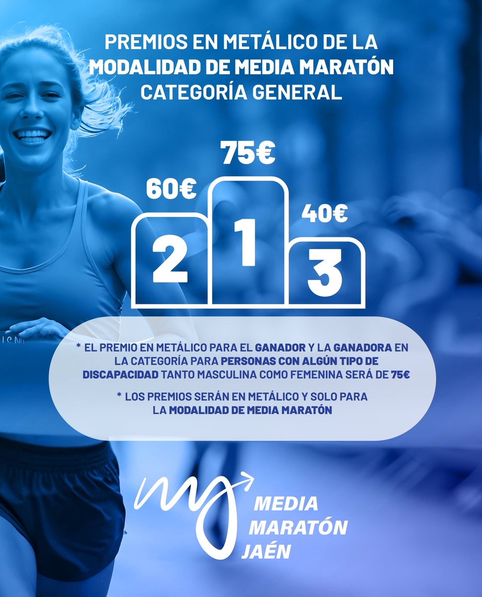 mmaratonjaen's tweet photo. 🏁 ¡Correr tiene premio!

💶 Estos son los premios en metálico para la modalidad de Media Maratón (categoría general):

🥇 75 💶 
🥈 60 💶
🥉 40 💶

✨ Además, los ganadores en la categoría de personas con algún tipo de discapacidad recibirán también 75 💶 https://t.co/ni8z2H1CF4