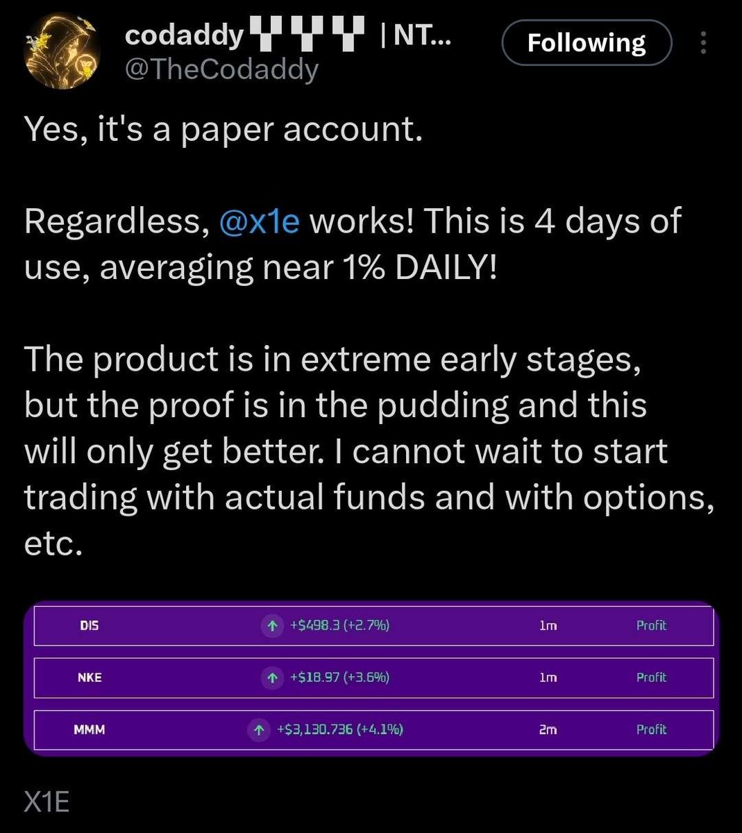 BeauTrades_'s tweet photo. Has been pretty cool seeing people start testing their custom strategies and follow @x1e this week. 

An actual product like this is rare in the web3 space. 

Back to building 🔨🪚 https://t.co/iNramHJPnN