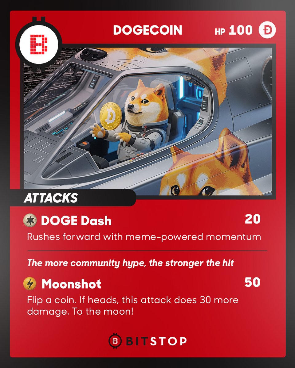 bitstop's tweet image. 🟠 New Release: @dogecoin [HP 100] just dropped at Bitstop ATMs.
⭐ DOGE Dash - Rushes forward with meme-powered momentum. The more community hype, the stronger the hit.
⚡ Moonshot - Flip a coin. If heads, this attack does 30 more damage. To the moon!

Buy #DOGE with cash, use…