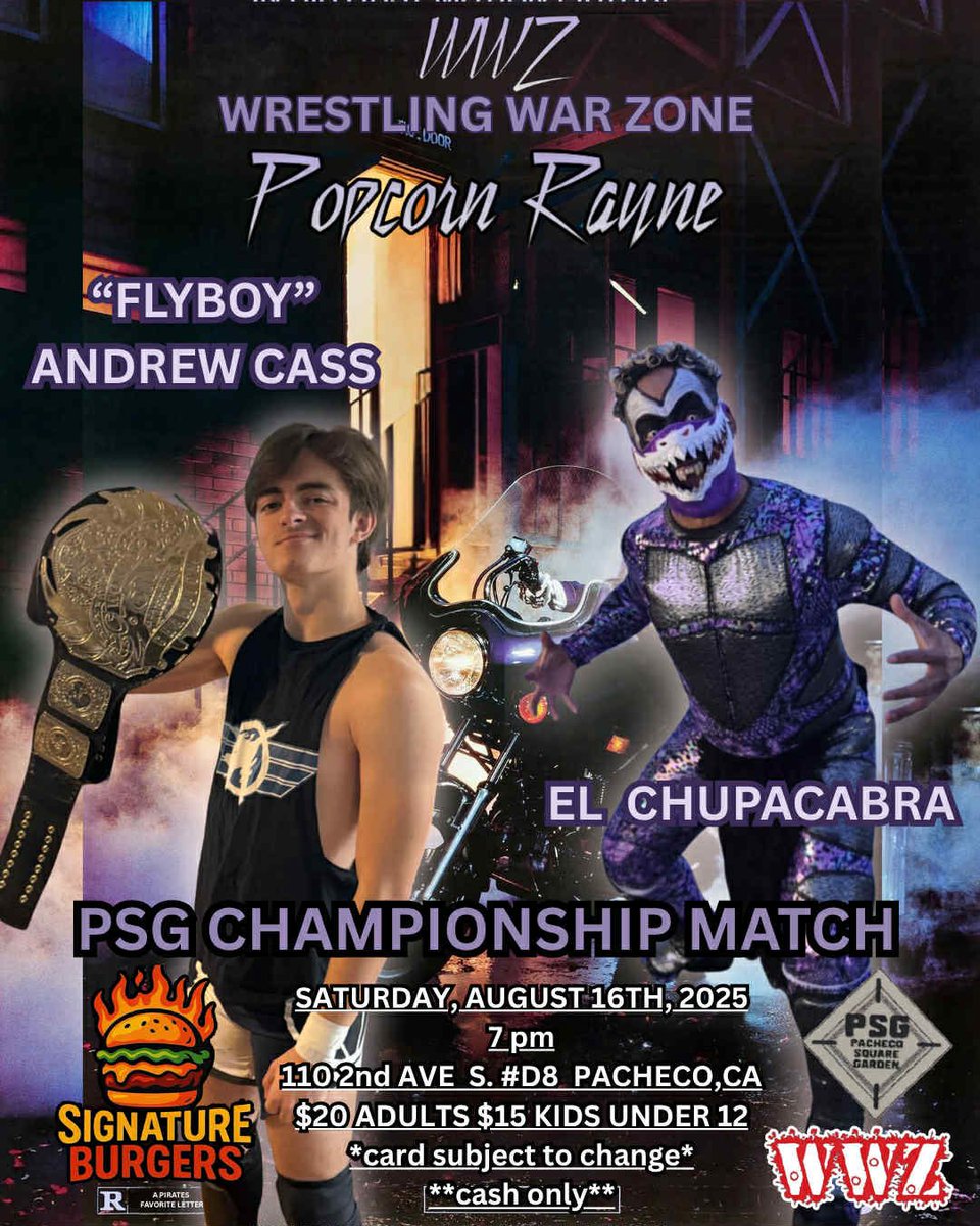 East Bay Pro Wrestling (@ebpwrestling) on Twitter photo If you haven’t seen these 2 wrestlers go head-to-head, you’re in for a treat this Saturday, August 16 - “Flyboy” Andrew Cass (<a href="/AndrewCassPW/">Andrew Cass</a>) will put his PSG title on the line when he clashes with legend “The Mexican Werewolf” El Chupacabra (<a href="/ChupyChupy/">El Chupacabra</a>)! #prowrestling #wrestling If you haven’t seen these 2 wrestlers go head-to-head, you’re in for a treat this Saturday, August 16 - “Flyboy” Andrew Cass (<a href="/AndrewCassPW/">Andrew Cass</a>) will put his PSG title on the line when he clashes with legend “The Mexican Werewolf” El Chupacabra (<a href="/ChupyChupy/">El Chupacabra</a>)! #prowrestling #wrestling
