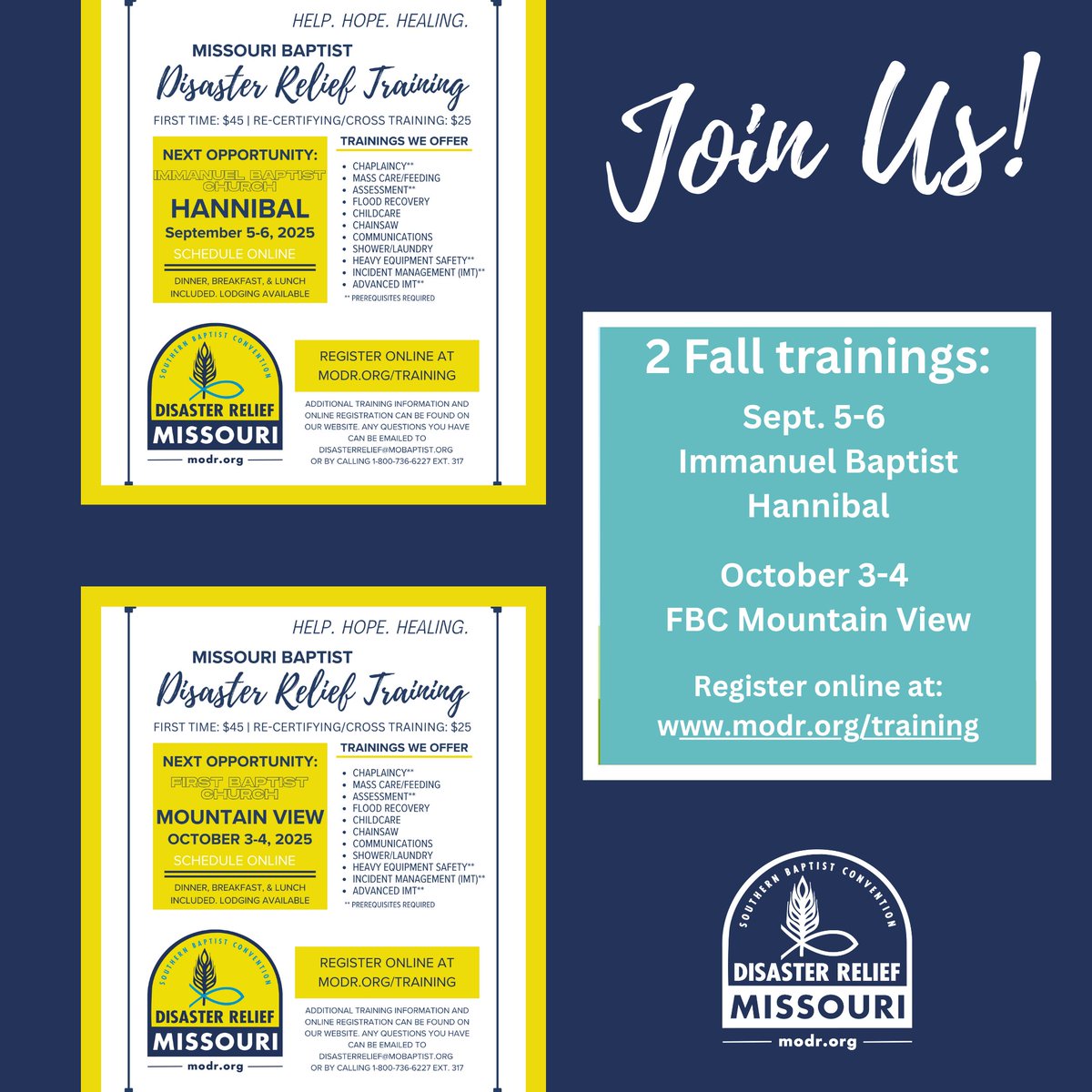 Upcoming training opportunities!
September 5-6 - Immanuel Baptist Church, Hannibal
October 3-4 - FBC Mountain View
Come and train with us to bring Help, Hope, and Healing!