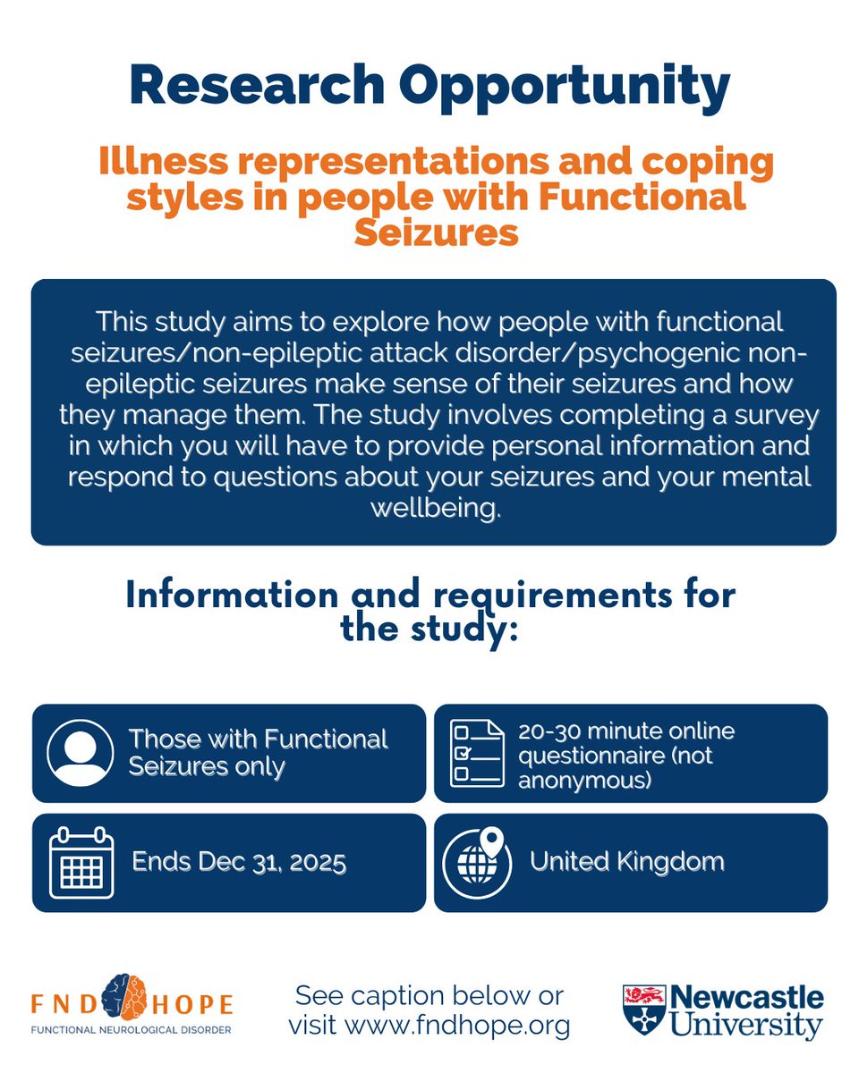 FNDHope's tweet image. 🚨 New FND Study 🚨

📌 Apply here: bit.ly/3JaaRXl 

For questions, please contact:
D.Lad@newcastle.ac.uk

#FNDaware #FNDhope