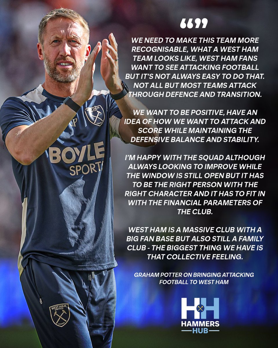 Graham Potter has outlined his plan to bring attacking football to West Ham. ⚒️

He’s not promising it’ll be easy — but the goal is clear: Identity, belief, front-foot football with balance and control.

The vision is clear. Now it’s about execution. 👊