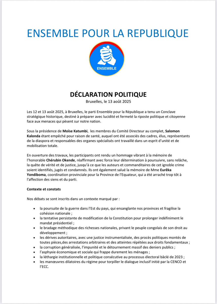 DFCofficiel01's tweet photo. #RDC :
Fin du conclave de Ensemble pour la République, à Bruxelles.
Voici la déclaration politique du 13 août 2025 👇🏾👇🏾👇🏾 https://t.co/PhApK0TodQ