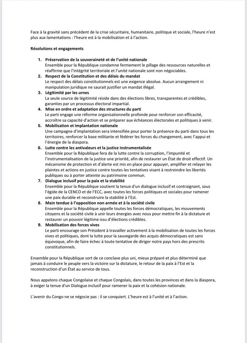 DFCofficiel01's tweet photo. #RDC :
Fin du conclave de Ensemble pour la République, à Bruxelles.
Voici la déclaration politique du 13 août 2025 👇🏾👇🏾👇🏾 https://t.co/PhApK0TodQ