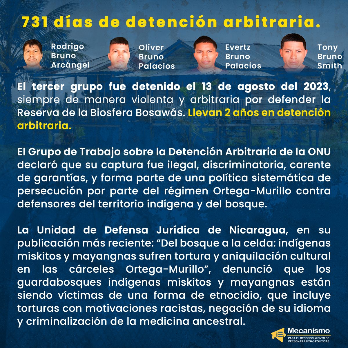#AlcemosLaVoz | Por la detención arbitraria los guardabosques miskitos y mayangnas. Están detenidos en condiciones inhumanas, torturas racistas, negación del idioma y con riesgo inminente para sus vidas. ¡Exigimos su liberación inmediata! #LibertadYa #SOSNicaragua