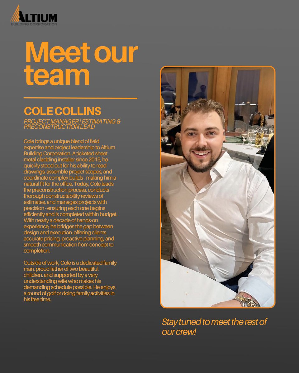 AltiumBuilding's tweet photo. Building more than structures! Meet the people who make it happen.  COLE COLLINS - PROJECT MANAGER/ ESTIMATING &amp; PRECONSTRUCTION LEAD

#ACM #FibreCement #ArchitecturalMetalSystems
#MetalRoofing #facade #FlashingSoffits https://t.co/zs6NPNb6GG