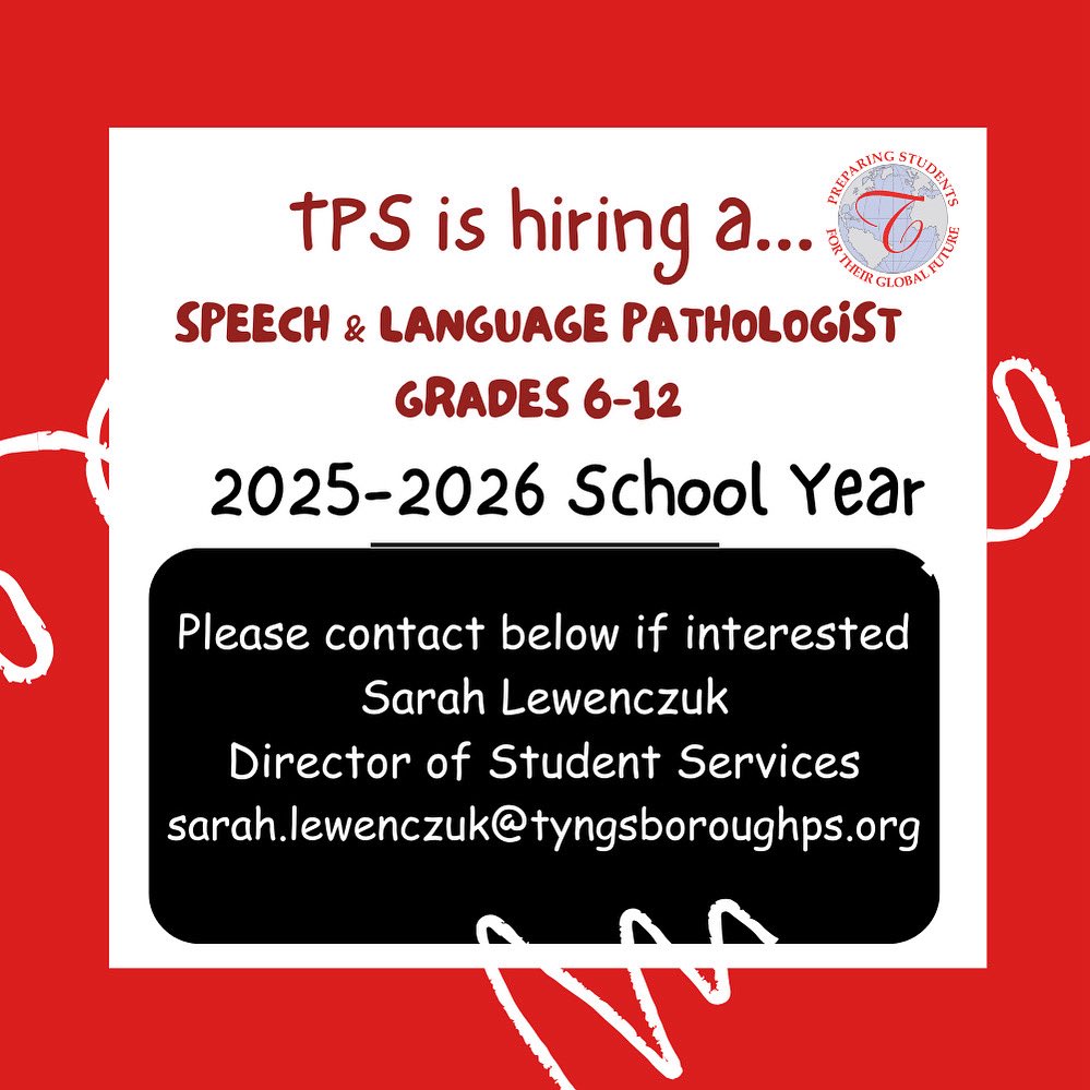 Tyngsborough Public Schools is currently hiring a Speech Language Pathologist for grades 6th-12th for the upcoming school year! If you are interested in this position, please contact Sarah Lewenczuk at sarah.lewenczuk@tyngsboroughps.org#tpsprepares #nowhiring