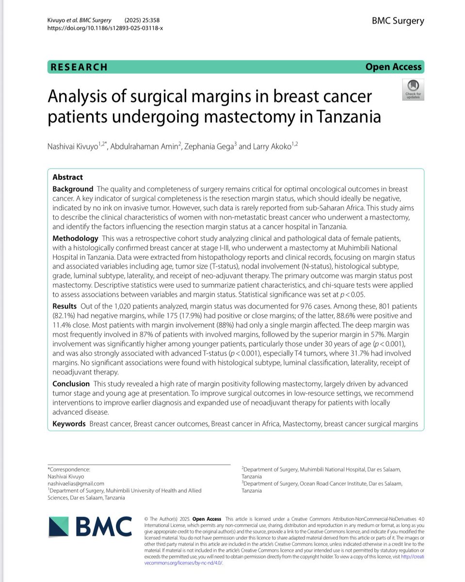 Excited to share our new paper in BMC Surgery 📢
“Analysis of Surgical Margins in Breast Cancer Patients Undergoing Mastectomy in Tanzania”

🔗 Read More : pmc.ncbi.nlm.nih.gov/articles/PMC12…

#BreastCancer #SurgicalOncology #GlobalOncology