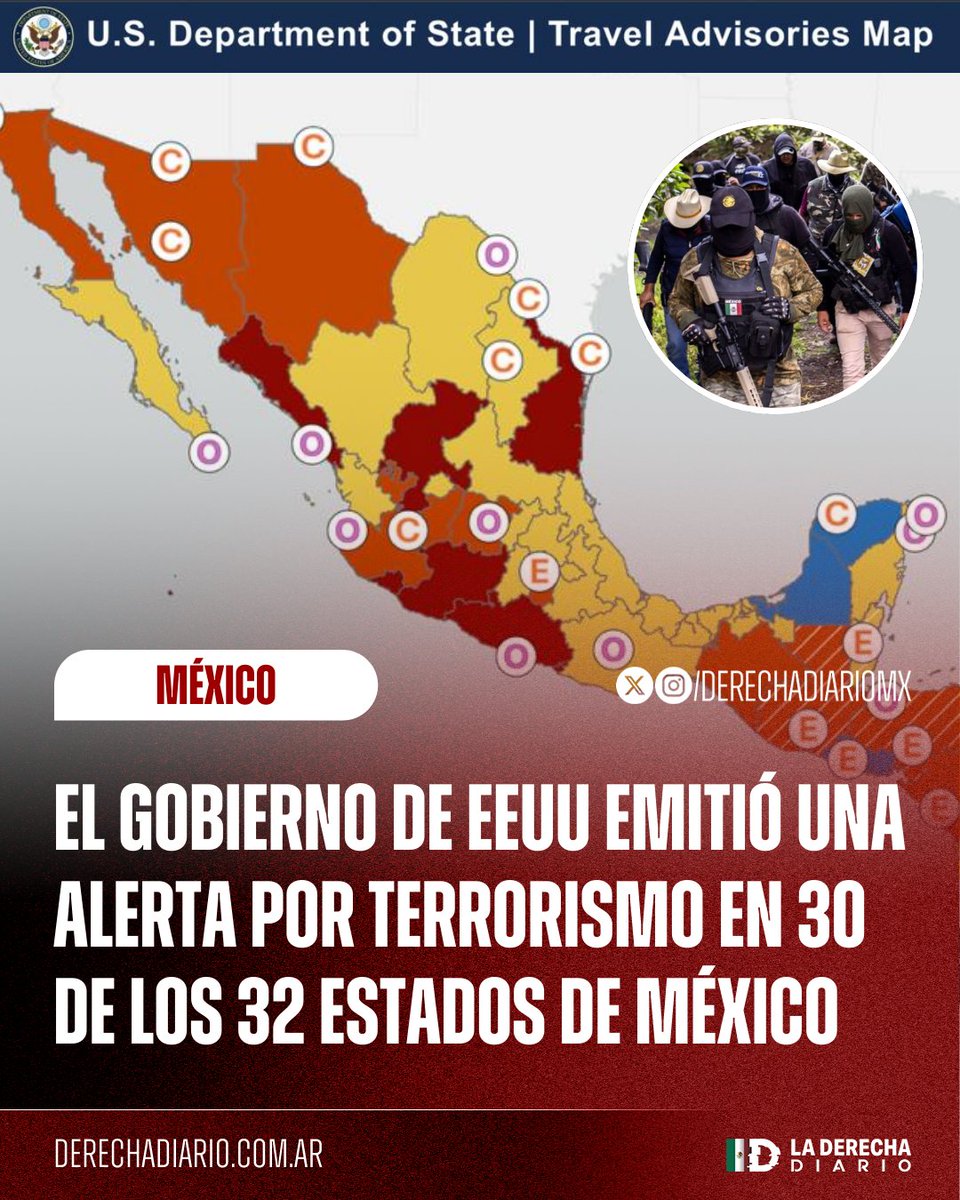 DerechaDiarioMX's tweet photo. 🚨🇲🇽🇺🇸 | Adiós turismo: El Departamento de Estado de Estados Unidos emitió una alerta para viajeros recomendando evitar visitar 30 de los 32 estados de México debido a la extrema violencia, corrupción y el control ejercido por grupos narco-terroristas. https://t.co/XGX7sRNJri