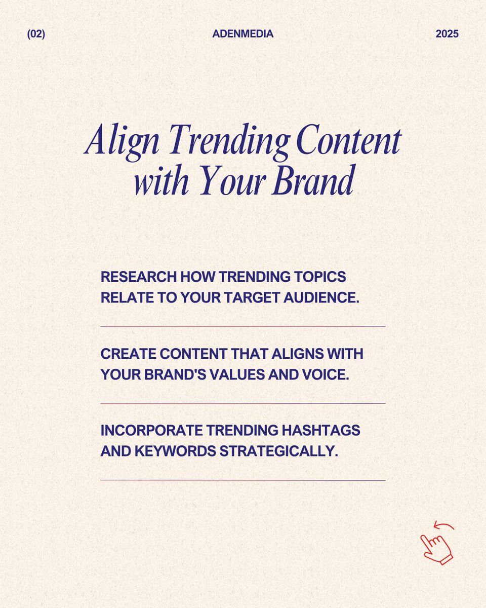AdenMediaSA's tweet photo. Trends are powerful, but only if you use them wisely.

 The key? Adapt trends to fit your unique voice and audience, so your content feels authentic, not like a copy-paste.

Stay relevant, but stay you.

#adenmediatips #2025trends #marketing #adenmedia https://t.co/GlrVerZ8mc