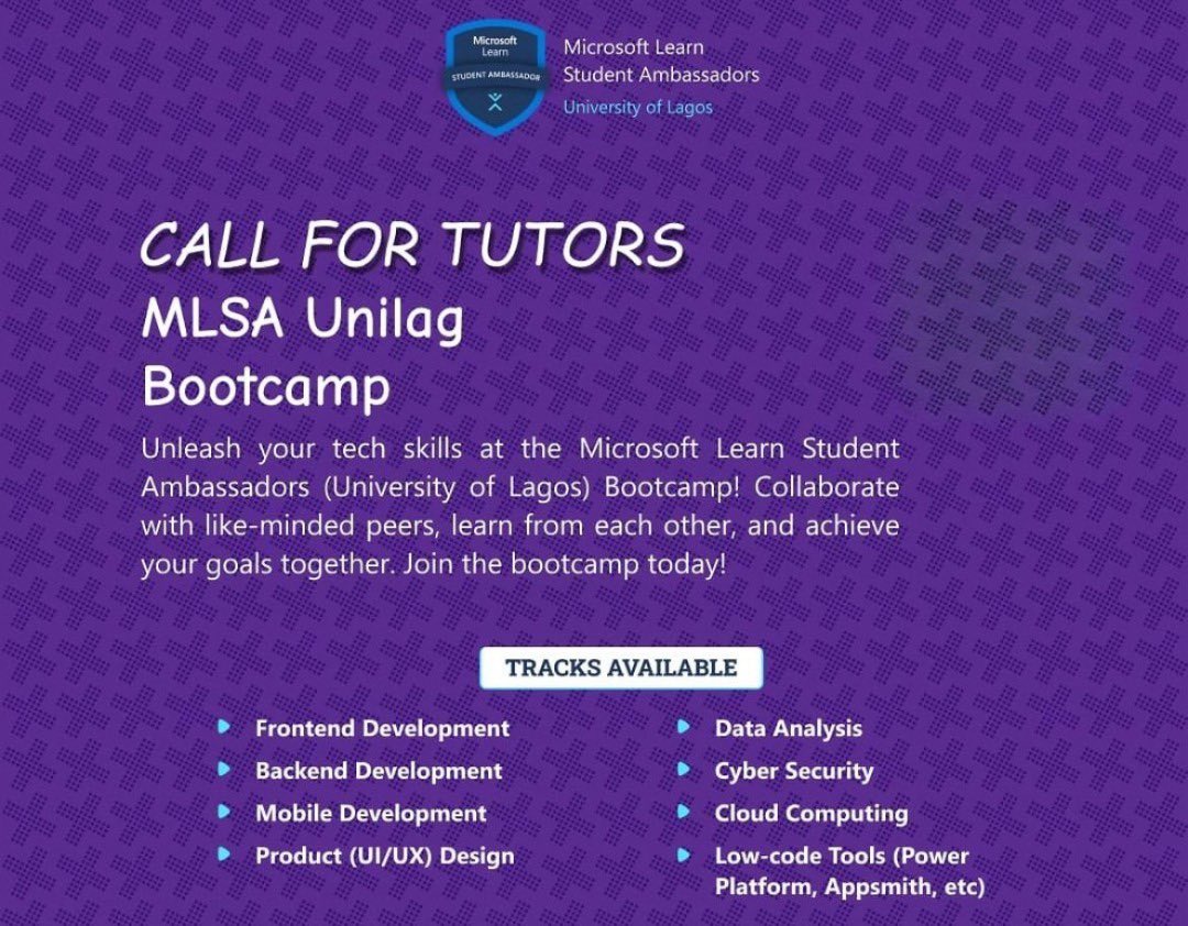CALL FOR TECH TUTORS!

Are you skilled in tech and ready to teach? The MLSA Unilag Bootcamp is calling on passionate tutors!

Collaborate, grow, and make an impact with fellow tech minds.

sign up now!🔥

Sign up now: forms.office.com/r/8T7HNXHheq