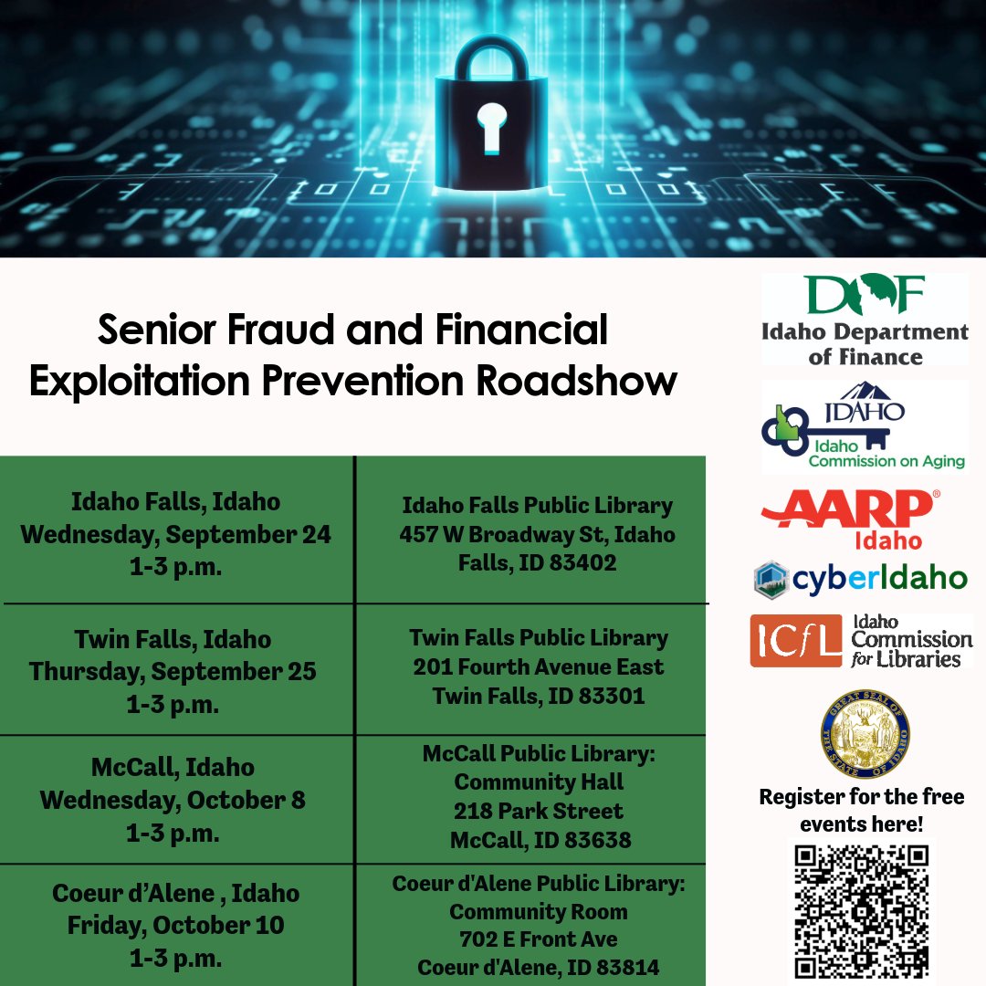 The Senior Fraud and Financial Exploitation Prevention Roadshow Series is back!🎉 Join us in Idaho Falls, Twin Falls, McCall, or Coeur d'Alene to learn how to protect, identify, avoid, and report financial fraud. Register for an event near you: eventbrite.com/cc/senior-frau… <a href="/Idaho_CPD/">ID Attorney General’s Consumer Protection Division</a>